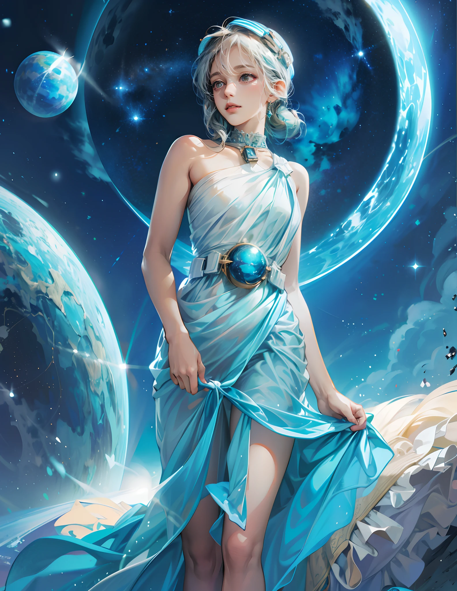 "Highres, Close-up, Whimsical, Artistic, A cute girl as a planet Uranus, wearing a cute bluish -white dress,Cosmic background, Planetary details, Gravitational pull, Shimmering atmosphere, Ethereal lighting, Nikon, f/1.8"