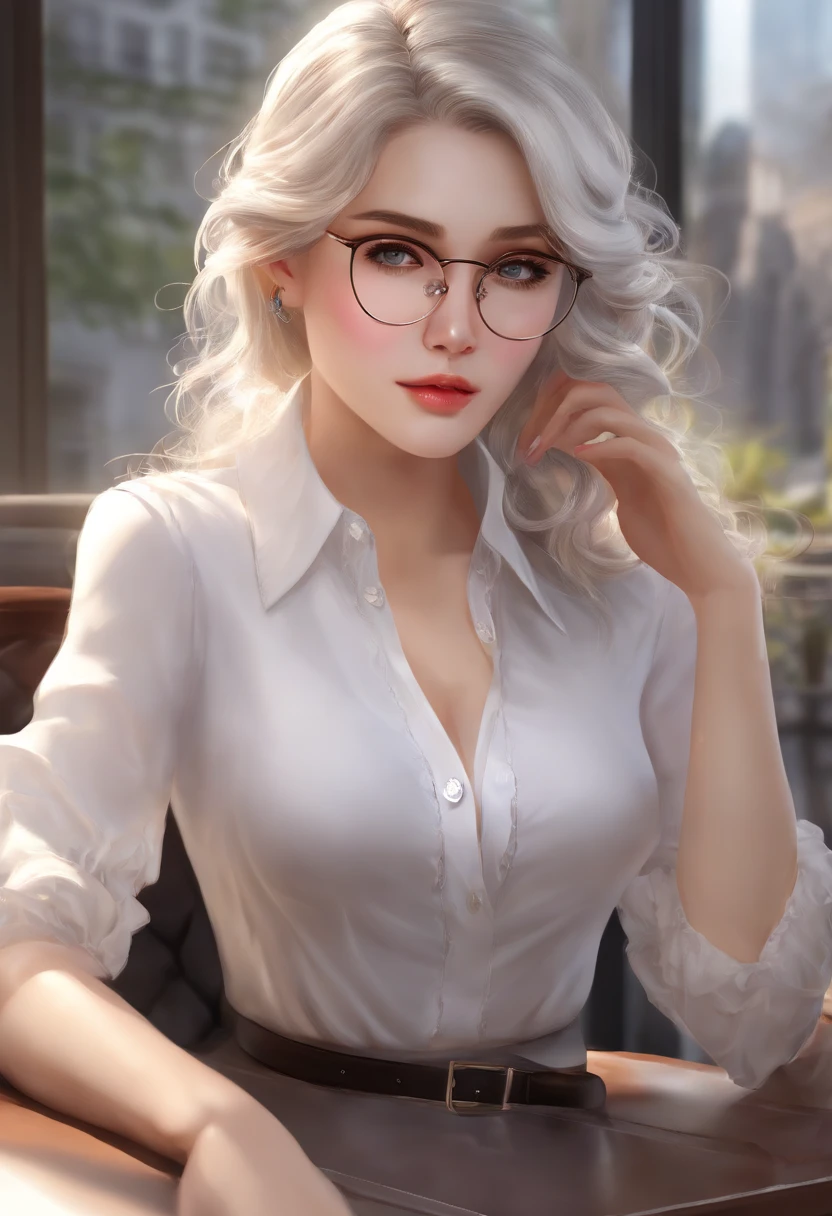 At best....., high-detail, master-piece, ultra-detail, (Realistic:1.2), 1girls, ( Cafe Background),, delicate eyes, silver-haired, purple eyes, Hair ornaments, (Clear Buttons White Tight Office Shirt:1.3),Hair length, light_ear, diadem_braid, expressionless, straight hair, (++ Seated: 1.2), large boobs,lifelike,soft colors,Wear glasses