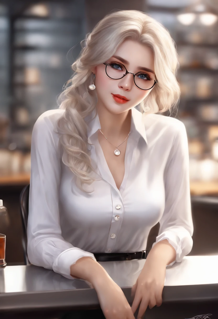 At best....., high-detail, master-piece, ultra-detail, (Realistic:1.2), 1girls, ( Cafe Background),, delicate eyes, silver-haired, purple eyes, Hair ornaments, (Clear Buttons White Tight Office Shirt:1.3),Hair length, light_ear, diadem_braid, expressionless, straight hair, (++ Seated: 1.2), large boobs,lifelike,soft colors,Wear glasses