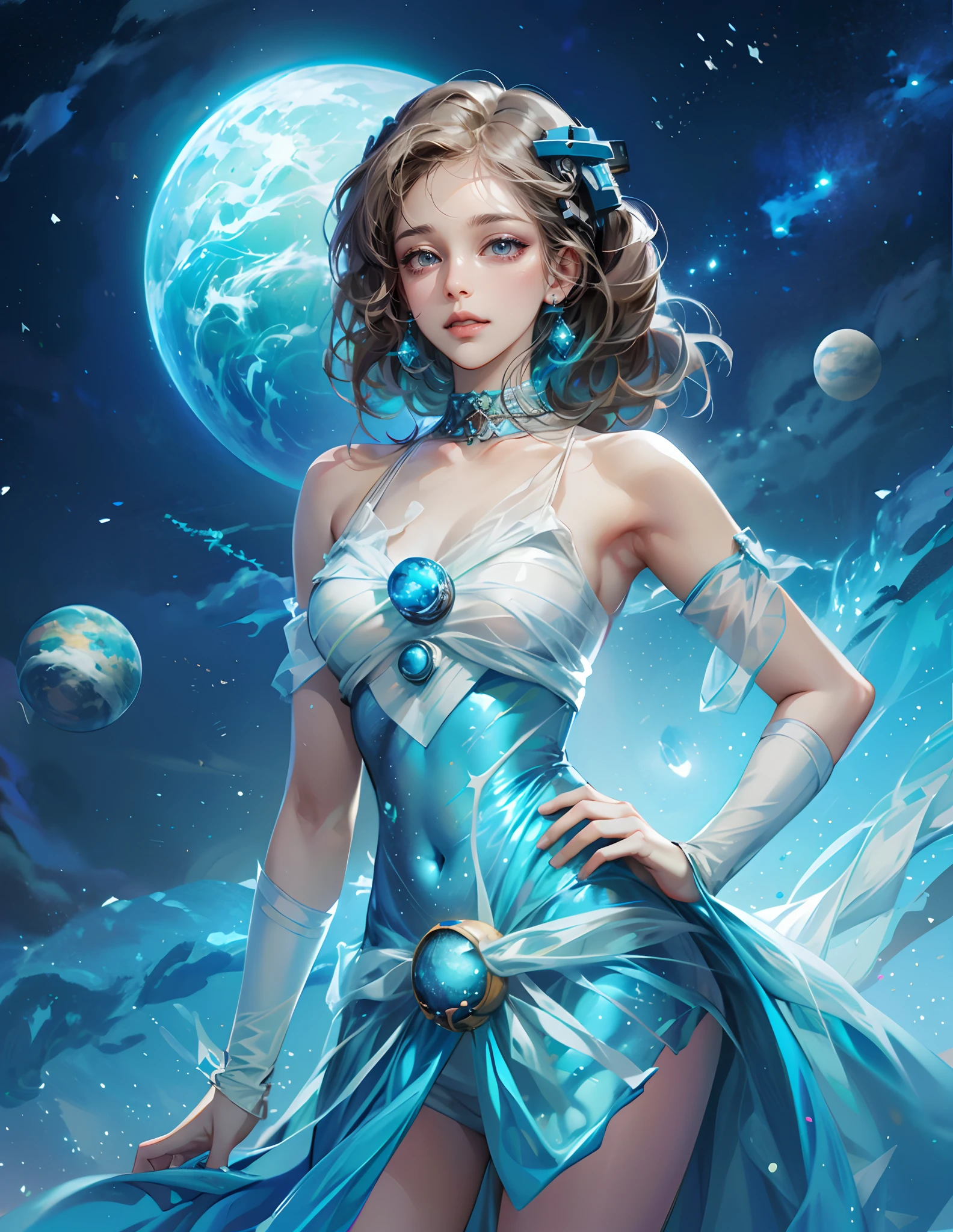 "Highres, Close-up, Whimsical, Artistic, A cute girl as a planet Jupiter, beautiful bluish -white dress, Cosmic Uranus background, Planetary details, Gravitational pull, Shimmering atmosphere,