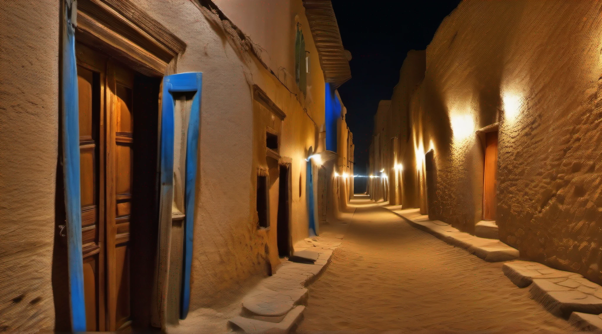A narrow alley of the ancient city of Timbuktu at night.. deserto, nessuna persona, luce notturna blu, fiammelle accese alle finestre case con antichi portoni in legno. lens 35mm f:11