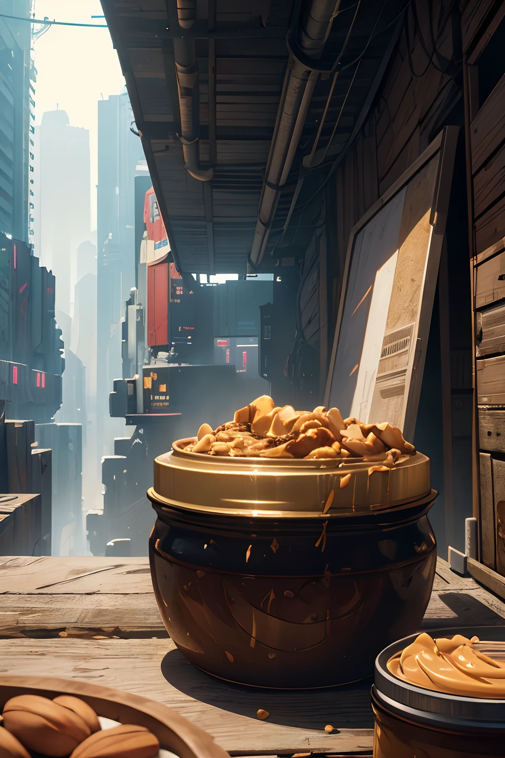 ultra detail, high resolution, ultra detailed, best quality, amazing, top quality, extremely detailed CG unity 8k wallpaper, cinematic, cyberpunk, peanut butter, jif, peanut butter jar