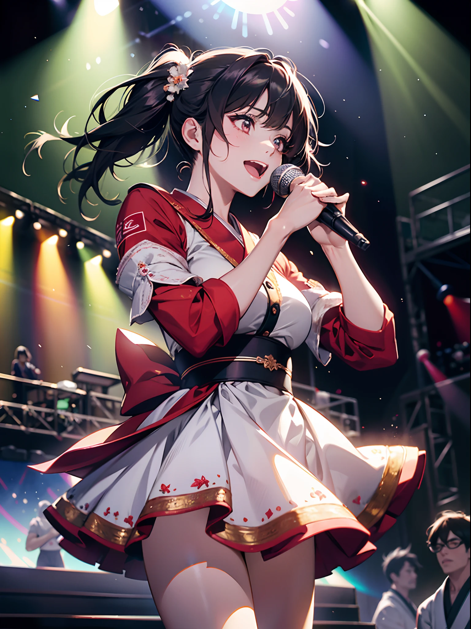 Masterpiece, best quality, ultra detailed, High resolution, 4K, 4K portrait, 8K, 8K portrait, 16K, 16K portrait, Unity 8K wallpaper, extremely detailed CG, Realistic, Raw photo, Real person, Portrait photography, photorealistic, detailed skin, Mirin Furukawa of Japanese idol group Dempagumi.inc performs, ((8k, RAW photos, best image quality, masterpiece:1.2)), (realistic, photorealistic: 1.3), (depth of field: 1.2), 30's beautiful Japan woman, dynamic angle, (1 person:1.3), 1 girl, idol, red costume, (red ultimate sailor idol dress), colorful idol dress, volumetric lighting, Highly Detailed Face and Skin Texture, Delicate Eyes, Twin tails rabbit style Haircut, flowing hair, cute smile, microphone, neon lights, neon rim lights, laser beam on stage, psyllium, spotlights, cowboy shots, moody lighting, concert venue, on stage, (audience around stage: 1.5), (singing with microphone on stage:1.5), Complex Detail, (Round Face: 2.0), (Exploding Pixel Particles:1.2), Dynamic Lighting, From Below