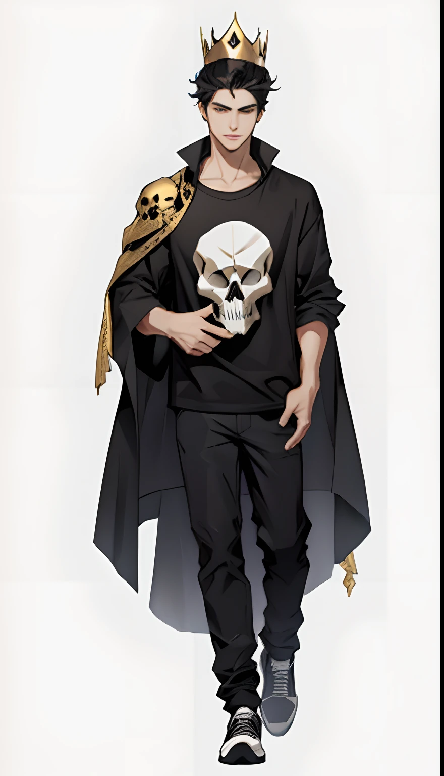 young caucasian man with black hair, black t-shirt with a skull logo, grey cardigan, wearing a golden crown, transparent background