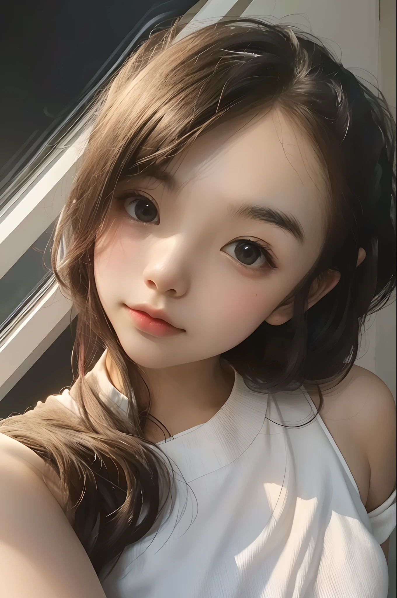 (realisticlying:1.4), offcial art, Unity 8k壁纸, ultra - detailed,Delicate detail skin,(Movie Angle),filmgrain,cinmatic lighting,Beautiful and beautiful, tmasterpiece,best qualityer,(Dark interior),Dark environment,table light,1girll,(looking at viewert),hands behind body,((messy hair)),bare shoulders,Beth,Hot summer,Moist,Sweat,Small head,Extra-cropped loose crop top,White thin off-the-shoulders