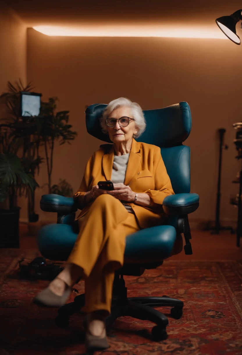elderly woman in her 80s, sitting in a gaming chair, in a gaming room, glasses, horizontal cell phone in her hand, realistic, looking directly at the camera, hd, 8k