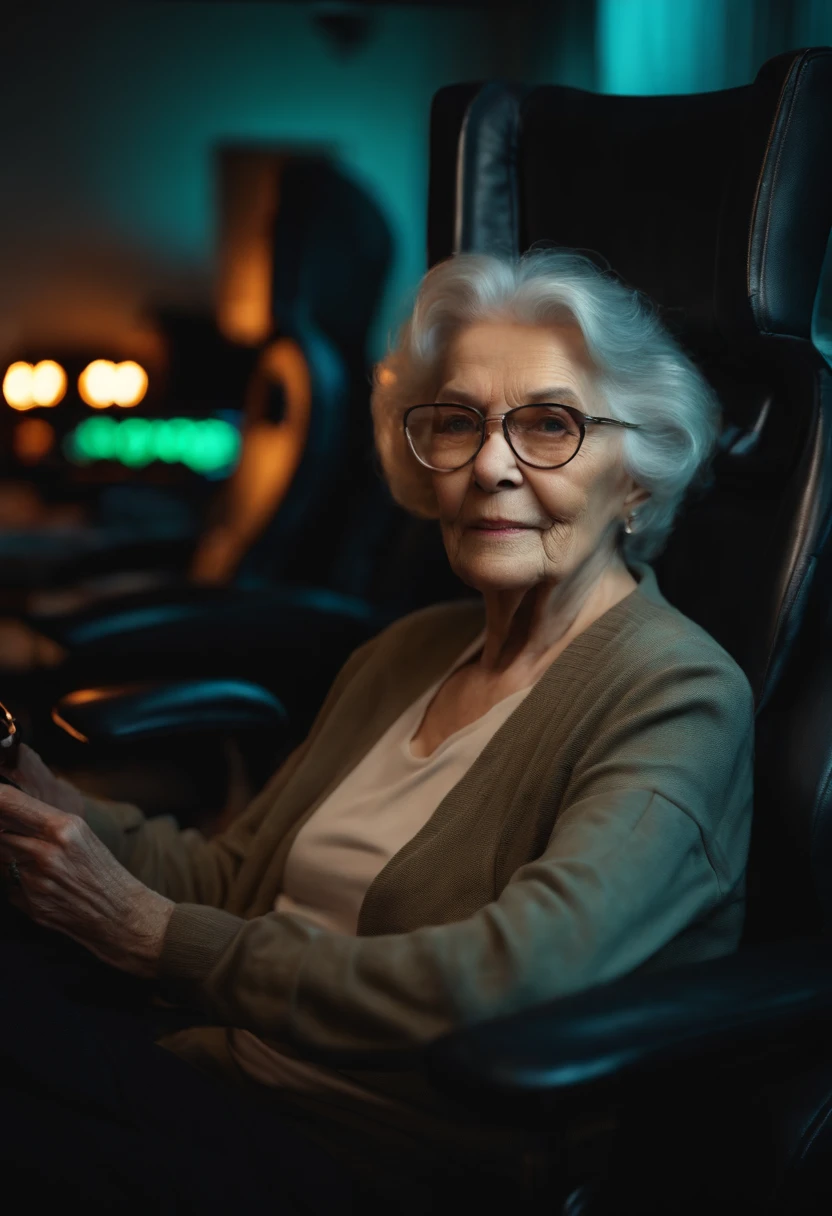 elderly woman in her 80s, sitting in a gaming chair, in a gaming room, glasses, horizontal cell phone in her hand, realistic, looking directly at the camera, hd, 8k