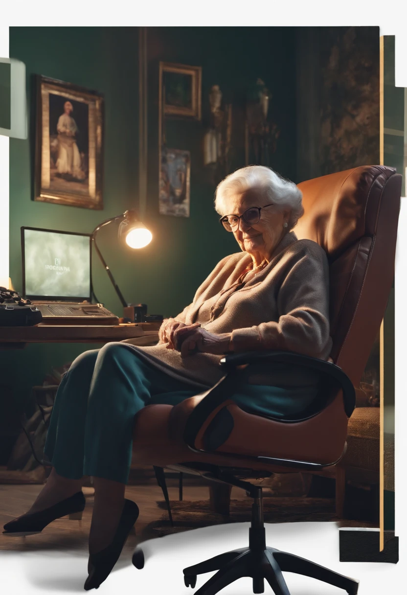 elderly woman in her 80s, sitting in a gaming chair, in a gaming room, glasses, horizontal cell phone in her hand, realistic, looking directly at the camera, hd, 8k