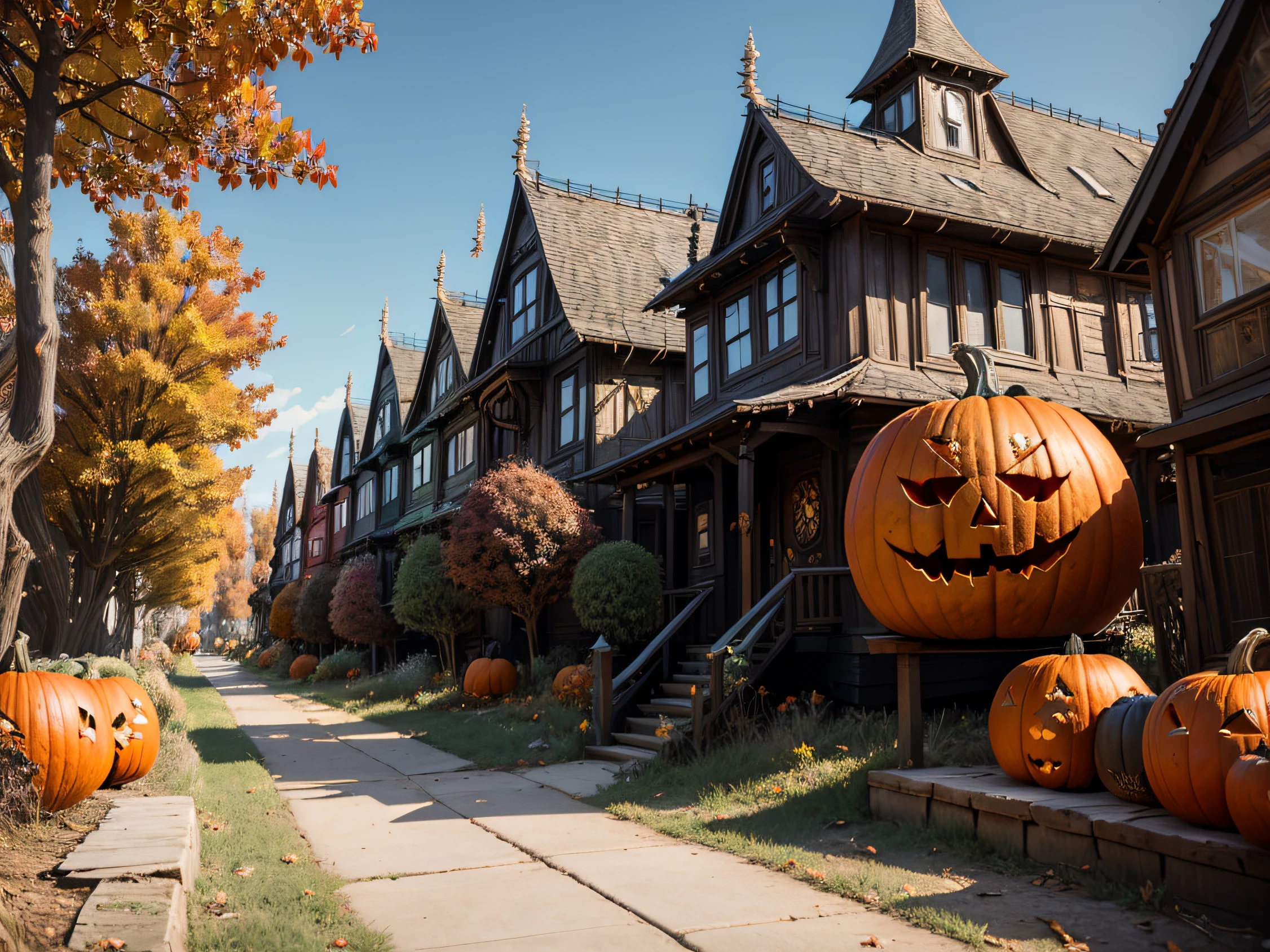 spider web decoration, spider decoration, skeleton decoration, futuristic Pumpkin Village, kundalini, pumpkin houses, colorful, sun, Street, color Pumpkin Festival tapes, colorful forest, colorful trees, spider, spider, skeleton, skeleton, black cat, hyper realistic, fantasy