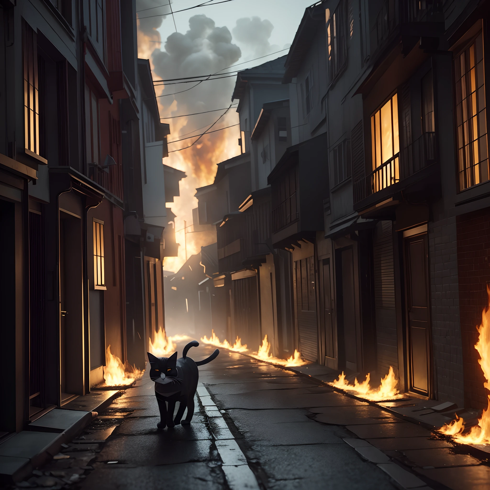Low poly Cat walking down a burning alleyway, Octane render 4k ultra realistic