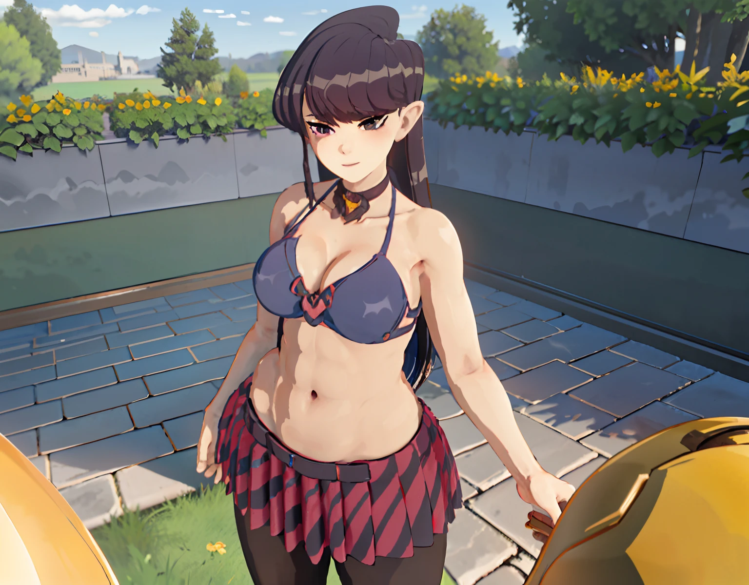 masterpiece, best quality, ultra detailed, art station, 1girl, romanticism, solo, (detailed face), cute face, blush:1.2, (heart shaped pupil:1.4), seductive smile, gasp, steam, (big eyes), panic, flustered, wind swept hair, cute choker, black choker, bowtie, tight school uniform, mini school uniform, (cropped school unform), (bikini:1.6), medium large boobs, perky boobs, puffy nipples, perky nipples, cleavage visible, showing off cleavage, showing off midriff, (showing off belly), abs, slightly muscular abs, accurate belly button, accurate lower belly, (slim waist), (wide hips), (panty strings), (thong strings), mini skirt, thick thighs, muscular thighs, thigh highs, looking at viewer, (dutch angle:1.2),facing the viewer, (background in a garden:1.4), (dappling sunlight:1.2), (vibrant colours:1.2), bright colours