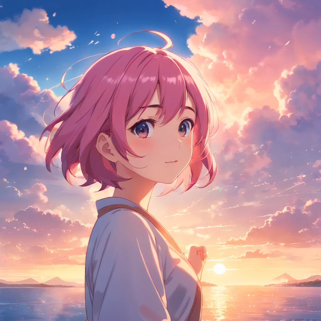 master-piece, beste-Qualit, movie still, 1girls, pink hair, Crockery holder, cloud girl, floating in the sky, closeup, shining, happy, Warm soft lighting, sunset, (sparks:0.7)