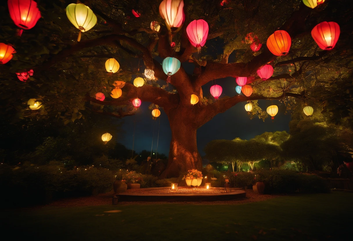 At the heart of the garden, there stood a magnificent tree with branches that reached high into the sky. On its branches hung colorful lanterns that lit up the garden, symbolizing the love and care within each family.