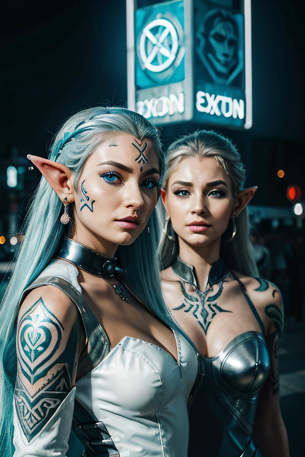 (((2 Elven ladies Talking))), (((2 girls))), Duo, Cinematic Lighting, Greek Style Square, Sunlight, Tyndall Effect, Elf Maiden and Elf Queen, 20 & 28 Years Old, Silver Crown, BREAK (((Tribal face Tattoos))), BREAK (((Tribal Cheek Tattoos))), BREAK (((face piercings))), (((pointy elf ears))) BREAK, (((Silver Gradient Hair))), (((Ice Blue Eyes))), Big Cute Eyes, Extreme Light and Shadow, (((White Exo suit style Dress))), (((Cyberpunk City at Night))), ((Best quality)), ((masterpiece)), (highly detailed:1.3), 3D, beautiful (cyberpunk:1.3), bold colours and patterns, eye-catching accessories, trendy and innovative hairstyle, vibrant makeup, (((neon signs))), LED lights, bright and vivid color scheme, detailed skin texture, detailed cloth texture, beautiful detailed face, intricate details, ultra detailed, best quality, ultra high res, (photorealistic: 1.4), Raw photo, by Ellen von Unwerth, Nikon D850 Film Stock Photography, F1.6 Lens, Rich Colors, Realistic, Cinestill 800, backlight, rimlighting, studiolighting