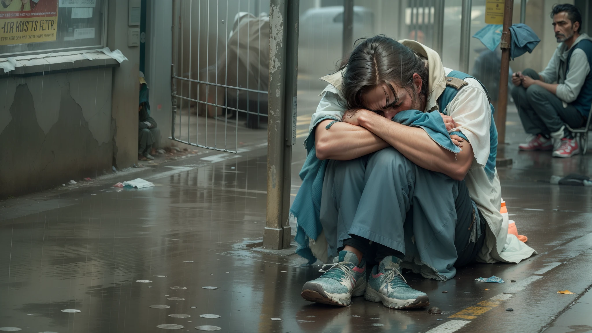 A poor man slept on the street,People passed by her,The rain fell on her tattered clothes