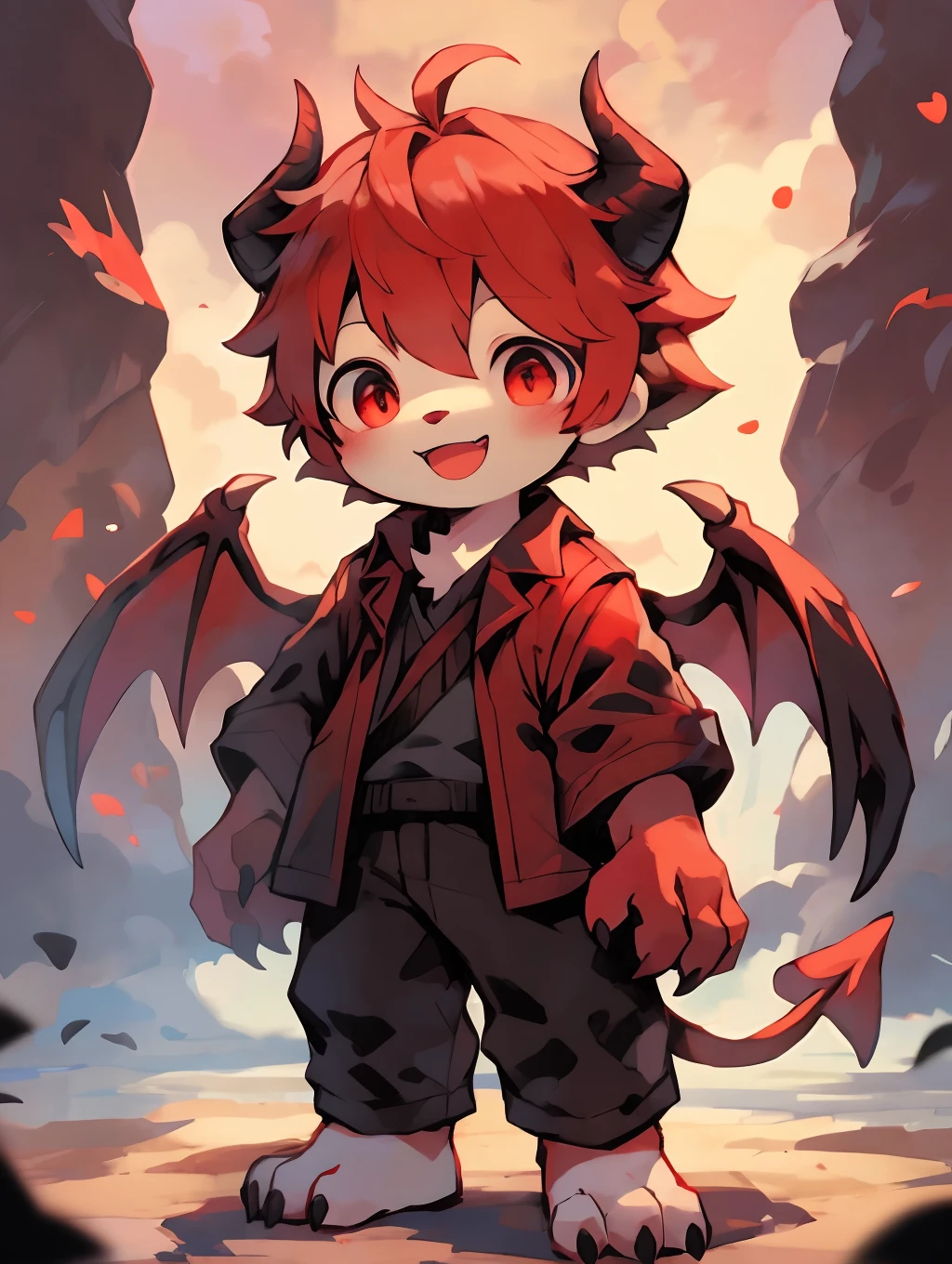 Shota,Red color hair ,male people,Q version,(toddlers,baby), adolable, standing on your feet, Master masterpieces, A high resolution,8K,detailedbackground,high high quality,Libido boy,(((独奏))),(Devil wings,devil horns,Black and red clothes,clawed paws:0.6),looking at viewert,angle of view,From above,Dreamlike,magical,magma,volcanoes,(Warm light source:1.2),upper sky,On the clouds,A happy expression,shorter pants