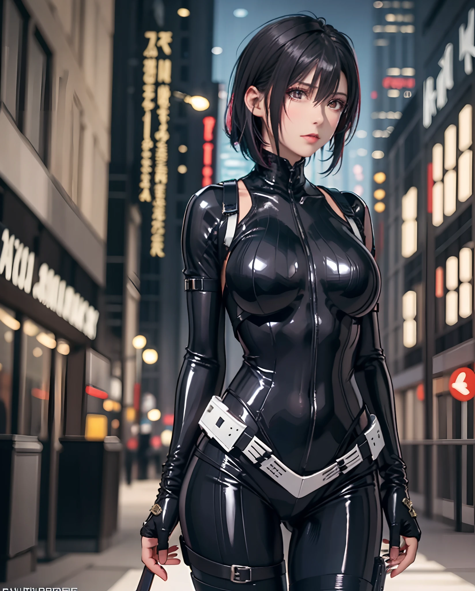 Extremely detailed, Very sharp, Best Quality, Female, Sophie Thatcher's face, Black Rider Latex Suit, tall and lean body, Harnes, Night, Night Street, A light, Very short black haircut, Dark makeup, pauldrons, holster,