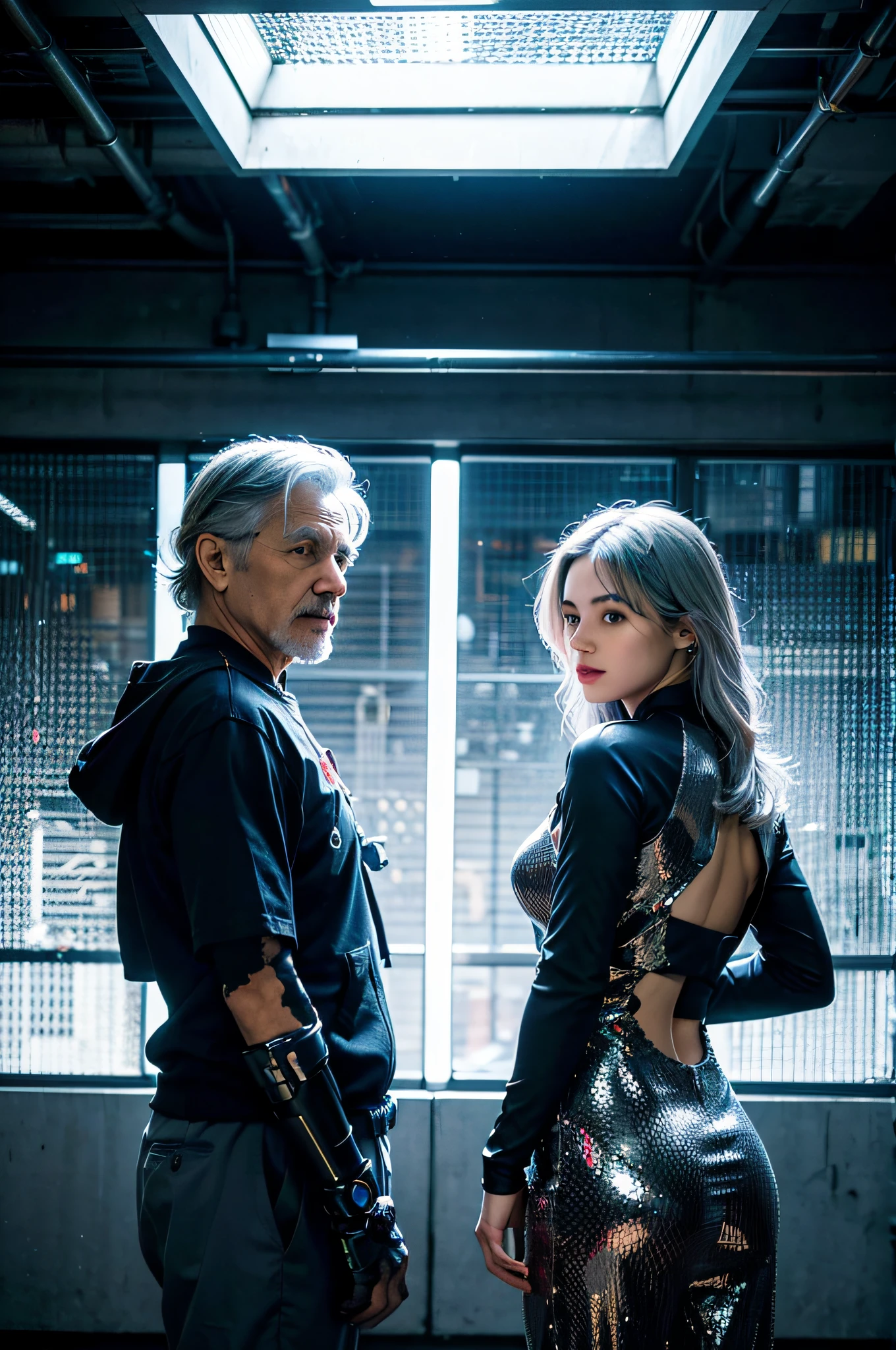 An old man with gray hair and a young woman stand back to back, with futuristic wearable gadgets, Futuristic clothes, Cybernetic clothing, photo realism, 4k, intricate design, hyper realistic, high definition, Extremely detailed, Dark softbox image, ray traced, Cinematic, HDR, Photorealistic