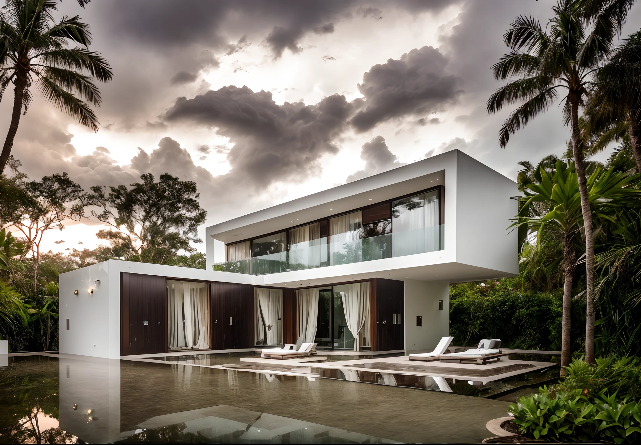 the photo was take in the twilight time with (heavy rain and cloudy sky), the photo was take in high quality, (masterpiece),(realistic),
an award winning photography of exterior contemporary house in a beautiful resort landscape,the house made from glossy material and glass, ((white and brown color scheme)),
full interior furnitures inside of house and can be seen through the glass, lighting indoor