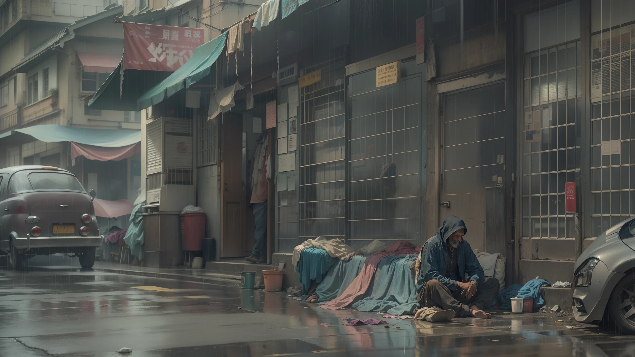 A poor man sleeps in the street,People passed by her,The rain fell on her tattered clothes