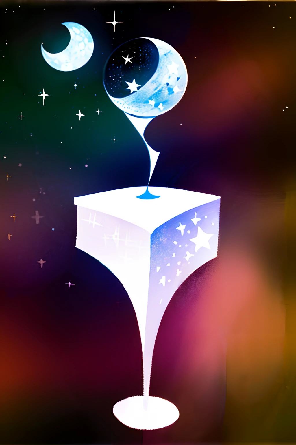 (Painting,Geometry)There are moons and stars in the sky,There is a table under the moon,On the table were wine glasses and a bouquet of flowers。。(Masterpiece,Detailed,A high resolution:1.4)