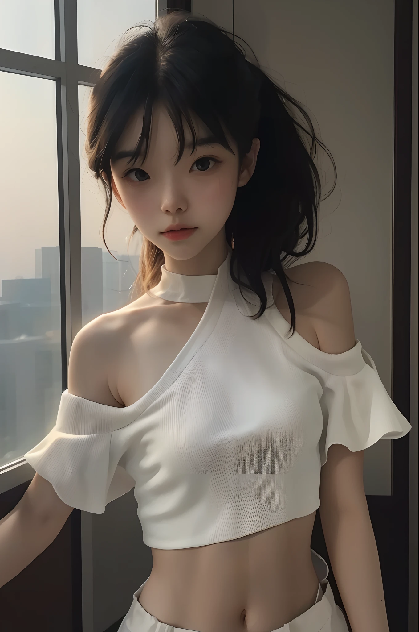 （realisticlying：1.4）， offcial art， Unity 8k壁纸， ultra - detailed，Delicate detail skin，（Movie Angle），filmgrain，cinmatic lighting，Beautiful and beautiful， tmasterpiece，best qualityer，（Dark interior），Dark environment，table light，1girll，(looking at viewert)，((messy  hair))，bare shoulders​，Beth，Hot summer，Moist，Sweat，Small head，Extra-cropped loose crop top，White thin off-the-shoulders，Oversized top，Ultra-loose top，