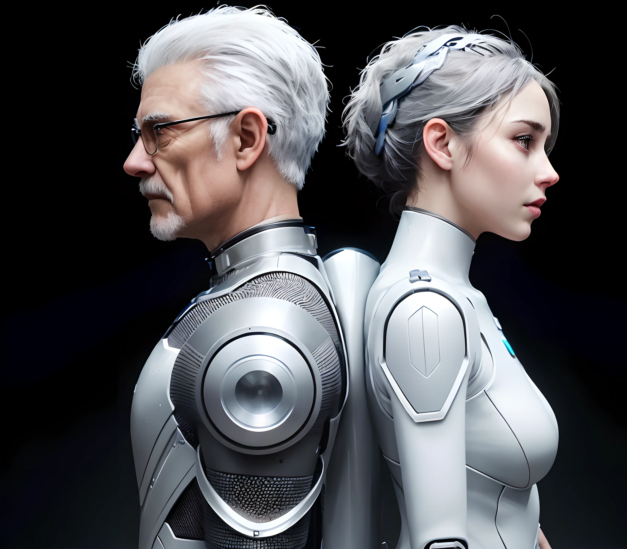 old man with grey hair and young woman are standing back to back, with futuristic wearable gadgets, futuristic clothes, cybernetic clothes, photorealism, 4k, intricate design, hyper realistic, high definition, extremely detailed, dark softbox image, raytracing, cinematic, HDR, photorealistic (double exposure:1.1)
