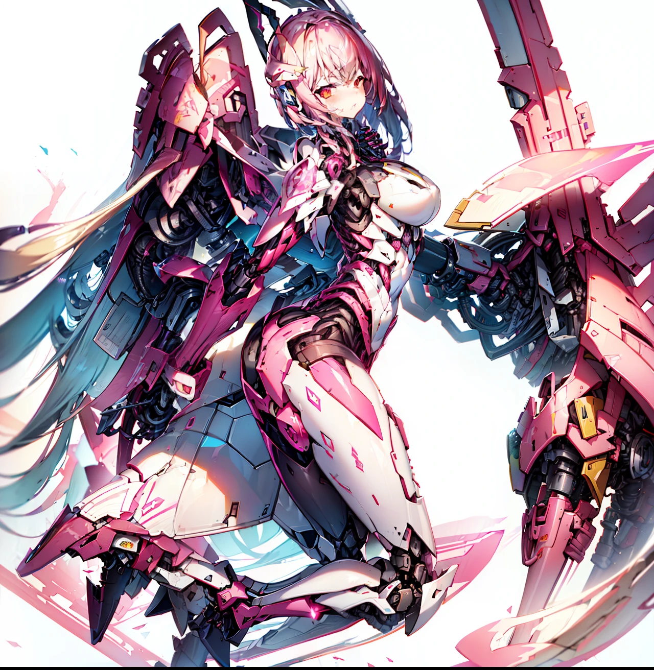 Close up portrait of woman in pink and white suit holding gun, ferra white mecha, streamlined pink armor, sharp silver armor fuchsia skin, action figure mecha, biomechanical oppai, slick pink armor, echo from overwatch, anime action figure, Girl in Mecha Cyber Armor, pop-up parade figures, sigma female