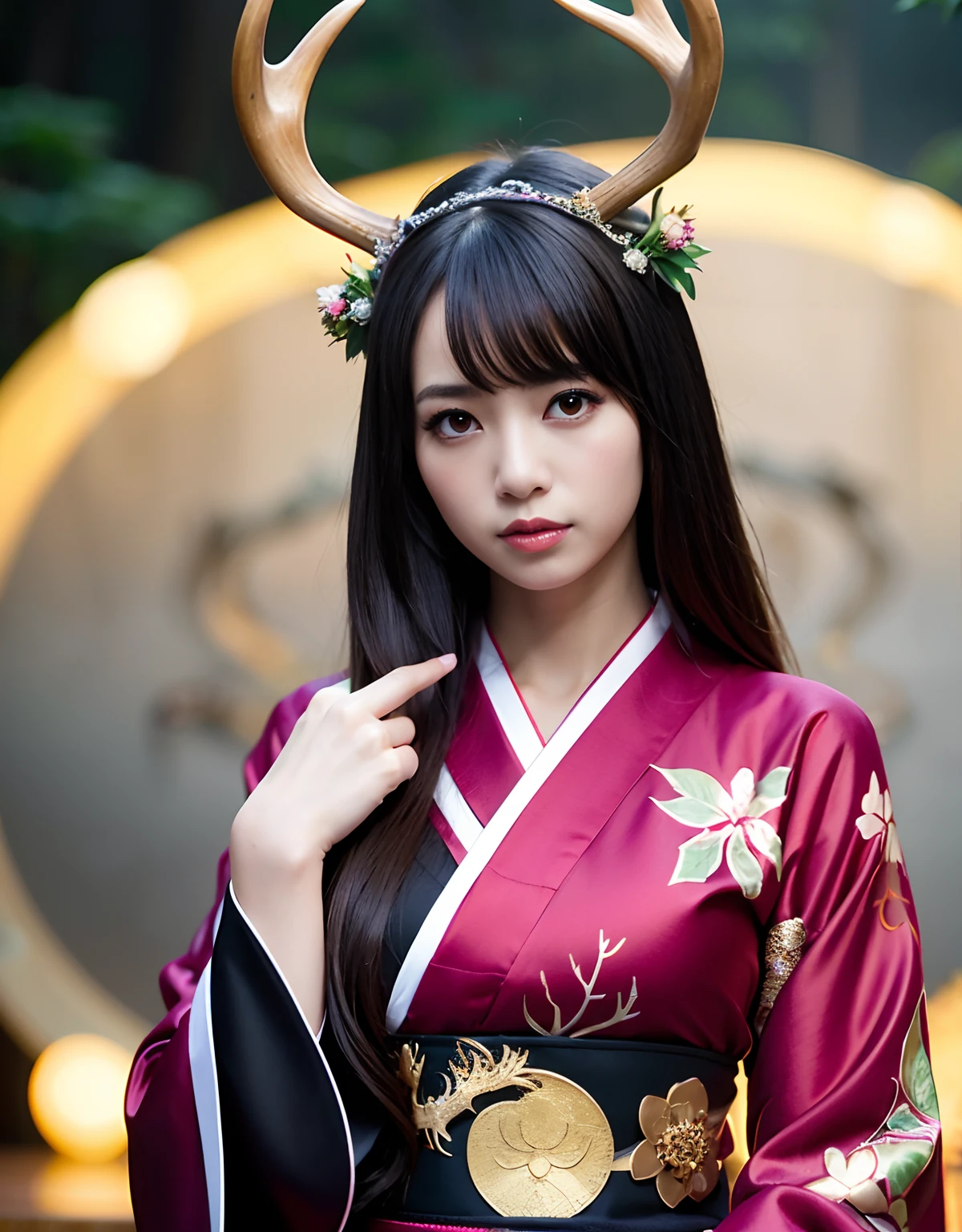 ((World of Darkness)),Professional , ​masterpiece、top-quality、photos realistic , depth of fields 、（Maiko's hairstyle）、(Maple background in full bloom),（Ultimate Beauty）、Red-haired、（Fight ninjas)、（Kimono with beautiful pattern）、（Night background）、（（a dark night））,(Wear a beautiful kimono),（Wear a beautiful kimono with colorful floral patterns）、Jewel Gold Weapon、Particles of light),（Castle background）、Gorgeous gold weapons ,（（ Gorgeous weapon Dragon Sword）） , （a dark night）,,（maikurobikini） 、（（Black Haired Beautiful Girl））、（Castle background）、（demonic wings）、（（Gangle's forest background））、Beautiful Caucasian beauty、１a person、dynamic ungle,(((Two deer antlers on the head)))、Smaller head、Idle Smile、Thin and beautiful female hands、Mystical expression、Light Effects、intense fighting、Wind-effect、magic circles、With the legendary magic wand、Dragon's tail、Anatomically correct body、