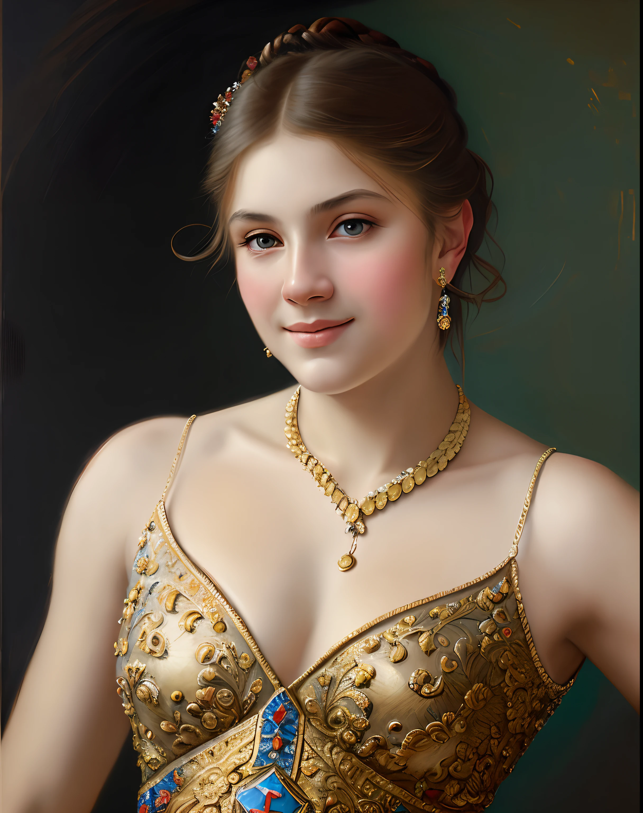 Masterpiece, portrait, girl, middle ages, classicism, andrey atroshenko style, painting, traditional media, realistic, figurative, fine art, oil on canvas, HDR, 8K, original character, high resolution, high detail, focus on the face, intricate, flawless