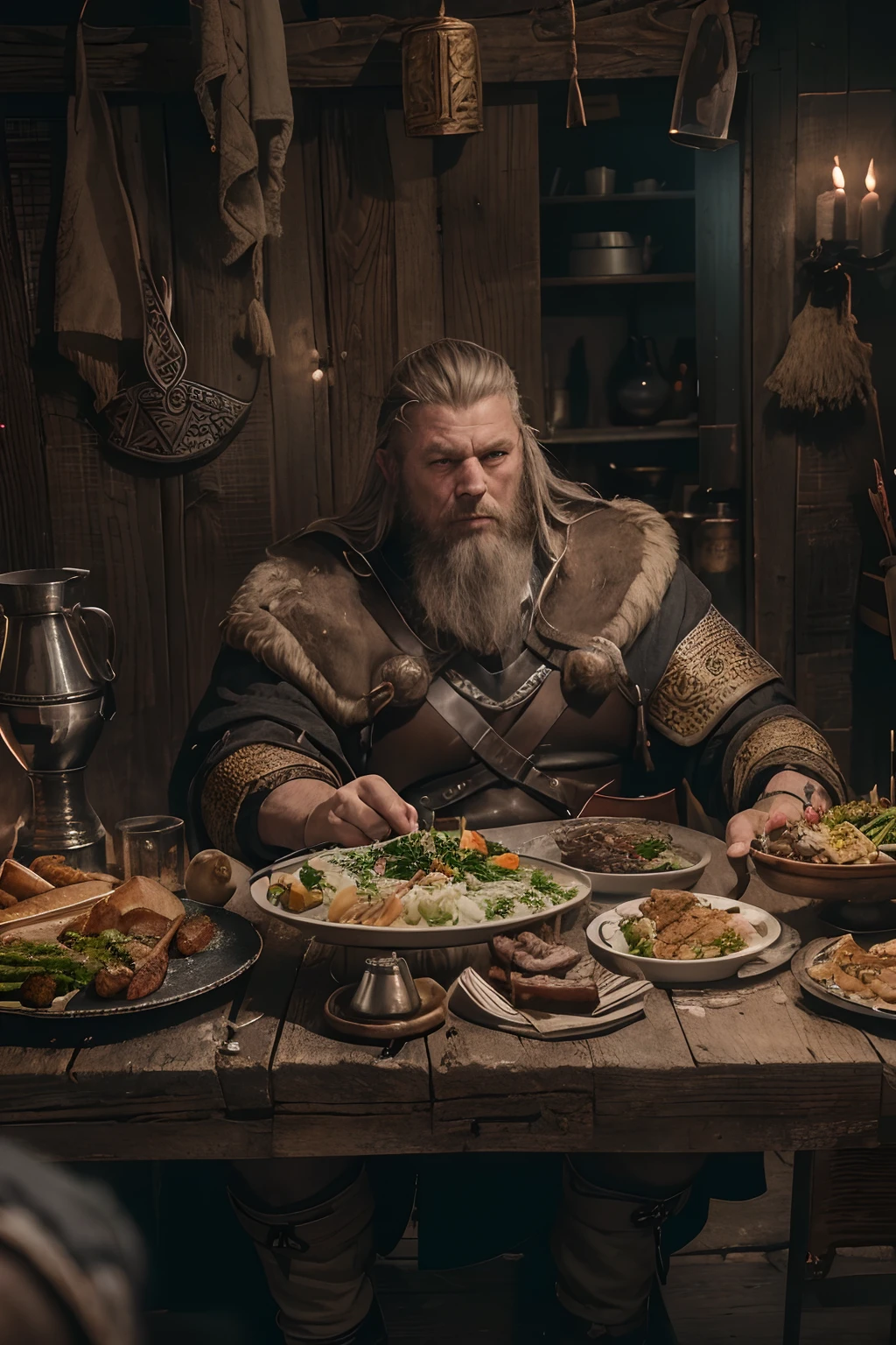 arafed man sitting at a table with a plate of food, medieval feast, portrait of a viking, viking style, viking culture, barbarian celebrate his birthday, epic viking king, ancient viking warrior, dinner is served, big butcher man posing scarily, lawther sit at table playing dnd, viking shaman, eftir Jóhannes Sveinsson Kjarval