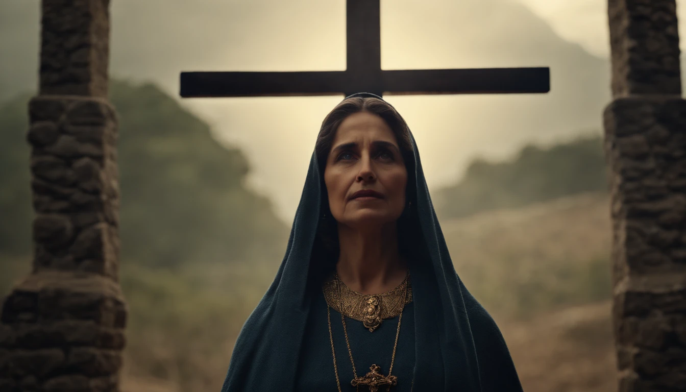 nossa senhora. MARIA, mother of Jesus, at the foot of the cross of Jesus Christ., olhando para o espectador