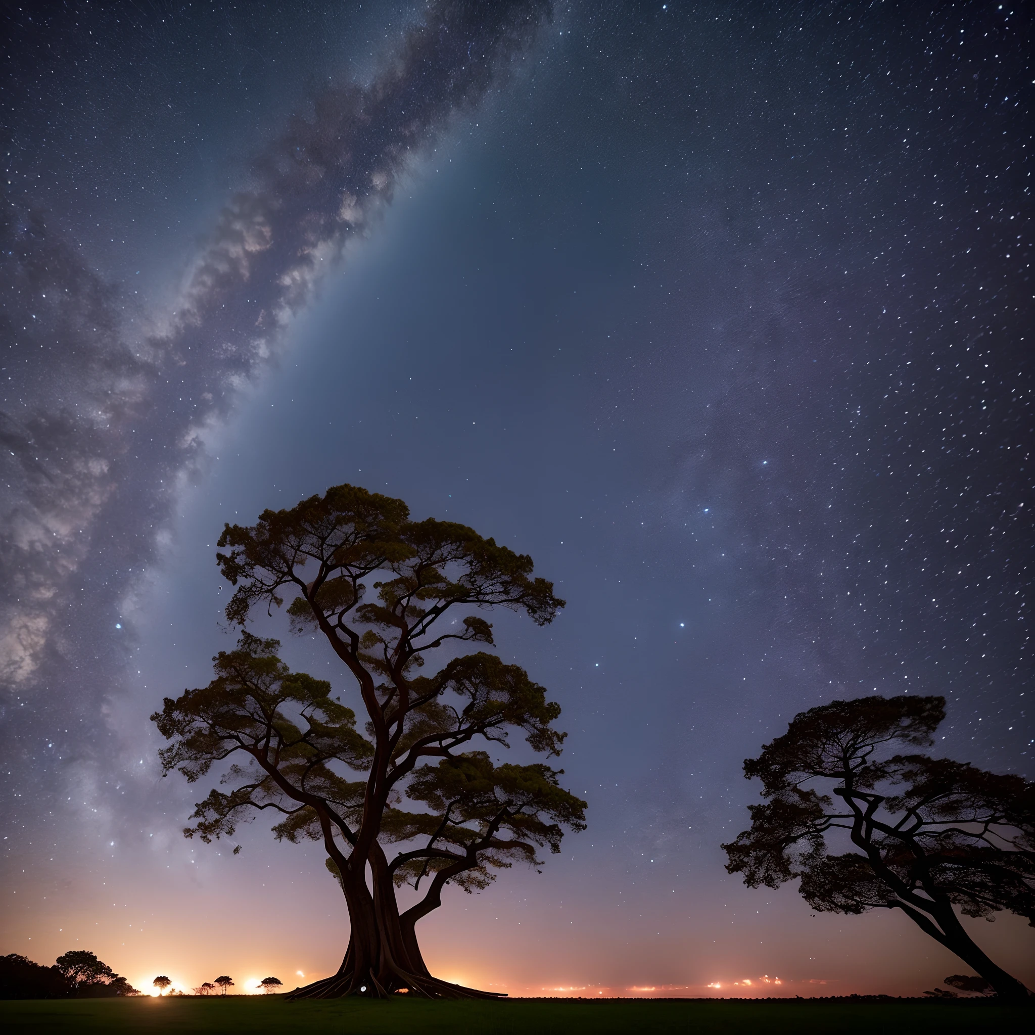 Imagine uma serena clareira de floresta iluminada pela lua, where a loner, carvalho antigo ergue-se alto, its twisted branches extend until they touch the starry night sky. Fireflies dance around the tree, fundindo um suave, ethereal glow, like a soft mist rolls, adding an air of mystery to this enchanting scene