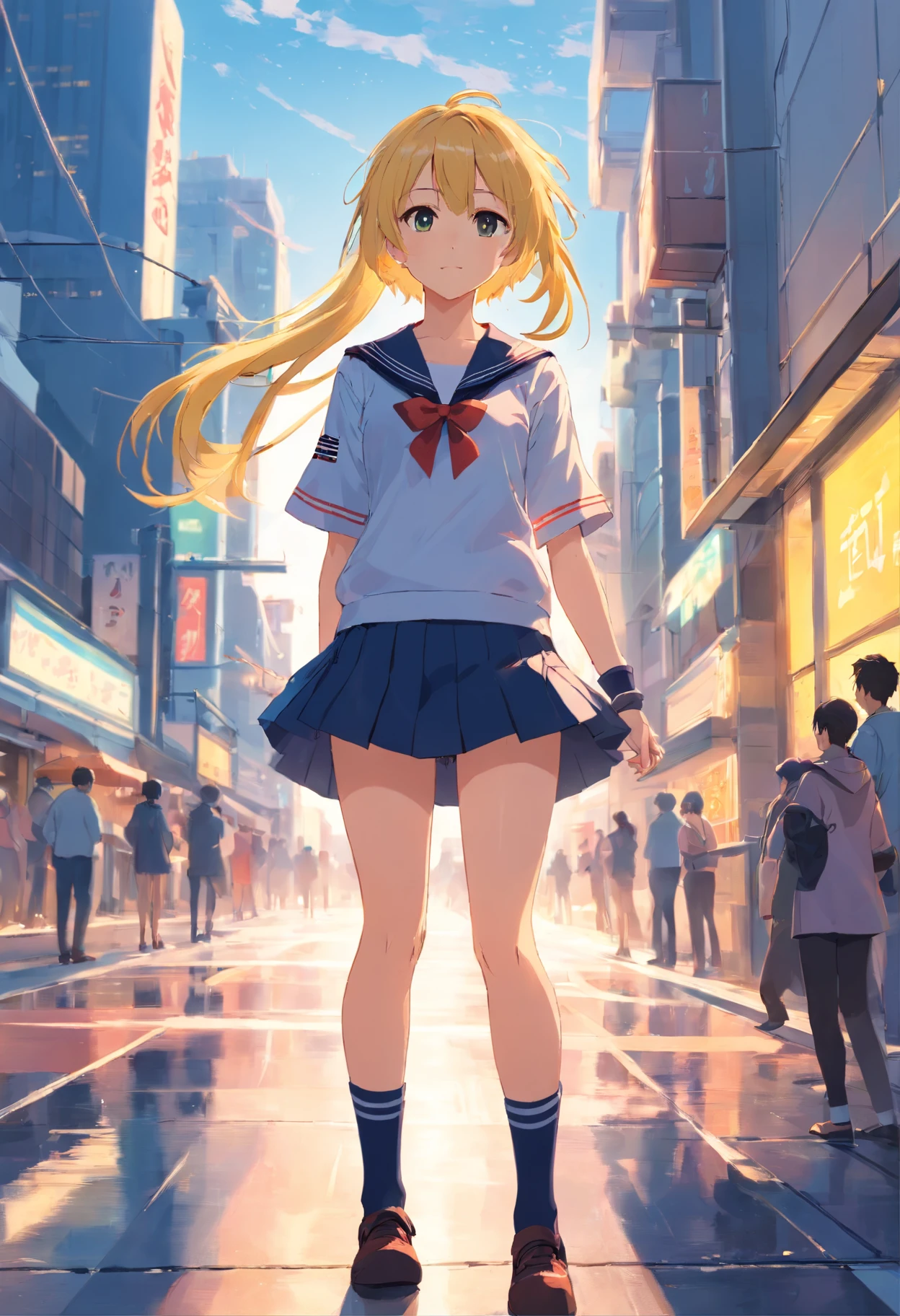 Illustration masterpieces,style of anime,a sailor suit,Black short skirt,Presentable facial features,long yellow hair,thick thighs,thighband,Black Long Socks