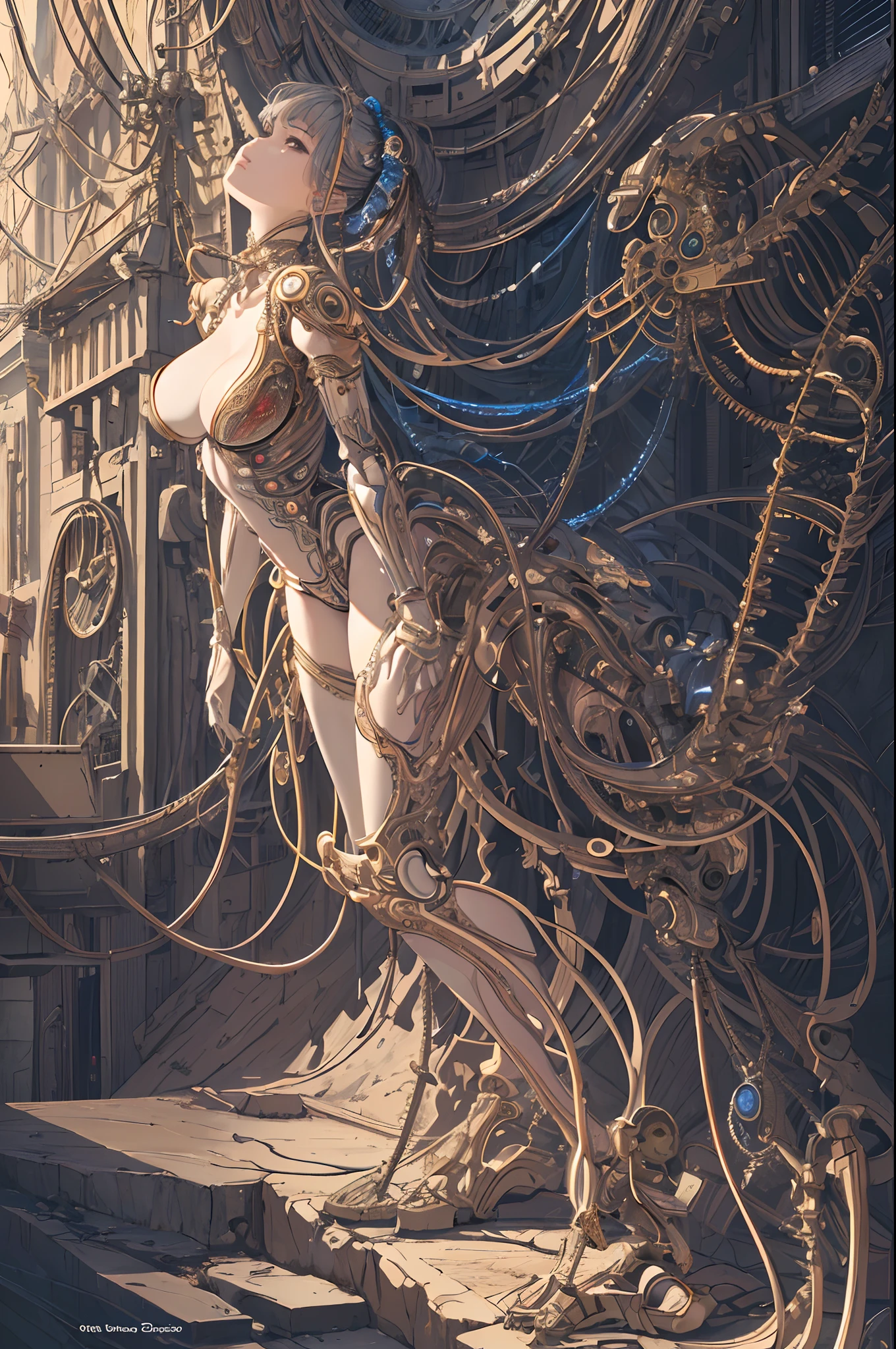 (((masterpiece))), (((best quality))), ((ultra-detailed)), (highly detailed CG illustration), ((an extremely delicate and beautiful)),(from side),cinematic light,((1mechanical girl)),solo,full body,(machine made joints:1.2),((machanical limbs)),(blood vessels connected to tubes),(mechanical vertebra attaching to back),((mechanical cervial attaching to neck)),(sitting),expressionless,(wires and cables attaching to neck:1.2),(wires and cables on head:1.2)(character focus),science fiction,extreme detailed,colorful,highest detailed