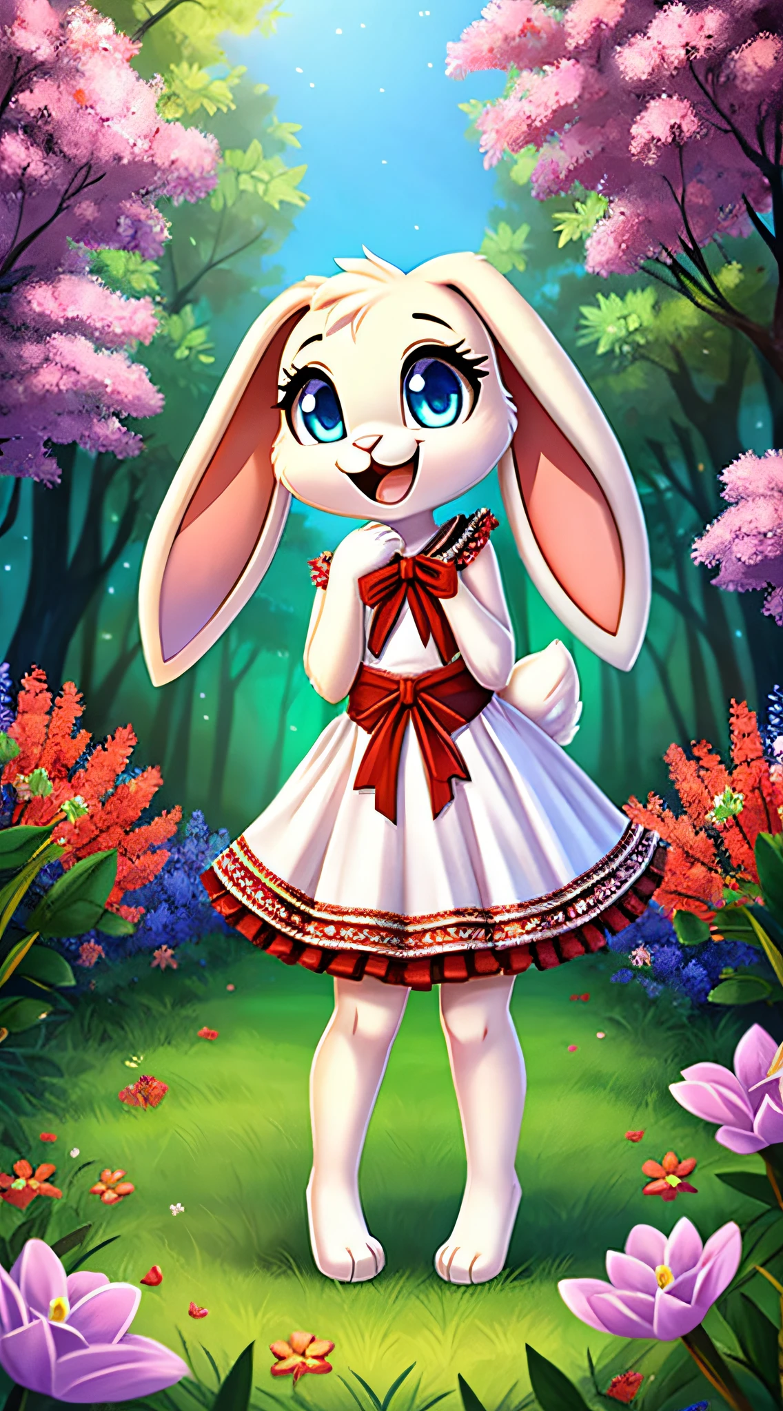 zoomed out image, fantasy style art, cute, adorable, short character, small, tiny little fluffy female white bunny with blue eyes, 4 ears, 2 extra ears, big floppy ears, long ears, ears perked up, raised ears, long eyelashes, poofy rabbit tail, wearing a red frilly ribbon dress, smiling, standing in a forest, big expressive smile, open mouth, wide eyes, excited eyes, excited face, stunning visuals, flowers scattered in the bushes, digital illustration
