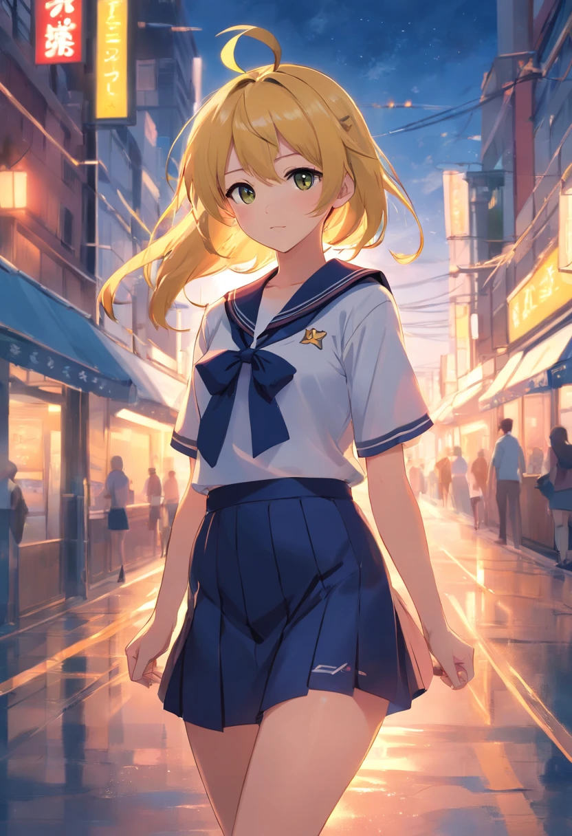 Illustration masterpieces,style of anime,a sailor suit,Black short skirt,Presentable facial features,long yellow hair,thick thighs,thighband,Black Long Socks