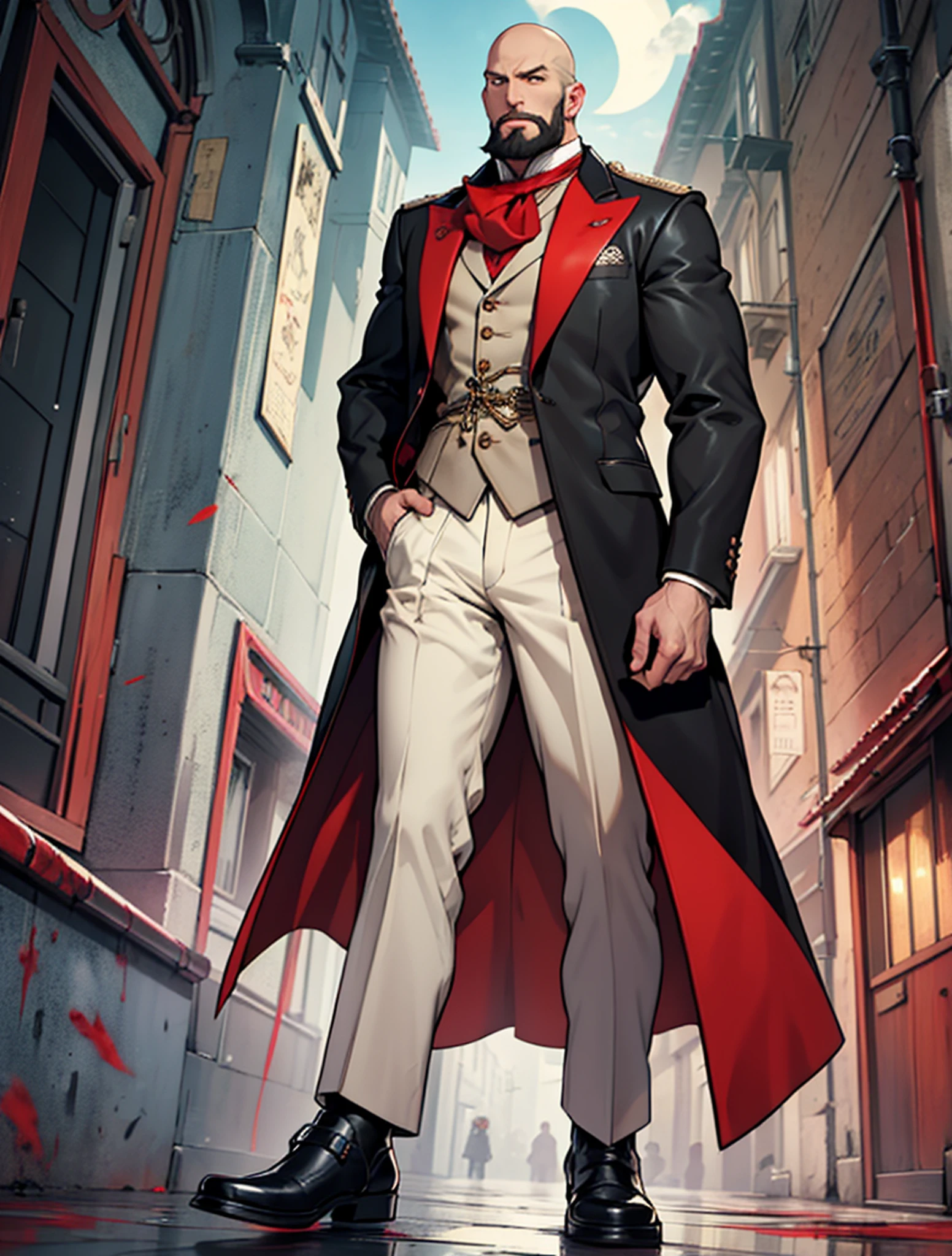 Baron Viktor is a tall, imposing figure with a bald head that gleams under the moonlight. His eyes are a mesmerizing shade of gold, and his skin has an ashen pallor. A distinctive feature is his finely groomed, pointed beard.
Costume: He wears a tailored black suit with a high-collared, crimson-lined coat. A blood-red cravat complements his ensemble, and his boots have silver buckles. A silver-tipped cane adorned with an ornate skull handle completes his aristocratic look.