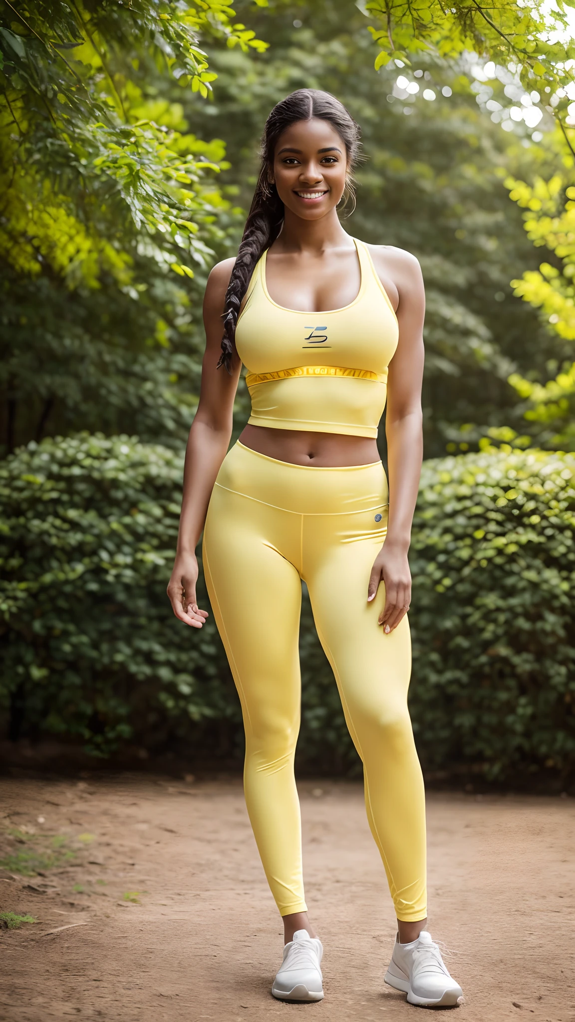 Hyper realistic and detailed full body photo of one young smiling beautiful woman posing wearing a yellow full body yoga outfit. Outside. perfect eyes, (Eye makeup:1.1), (highly detailed skin:1.1), RAW, analog style, sharp focus, 8k UHD, DSLR, high quality, Fujifilm XT3, grain, award winning, masterpiece.