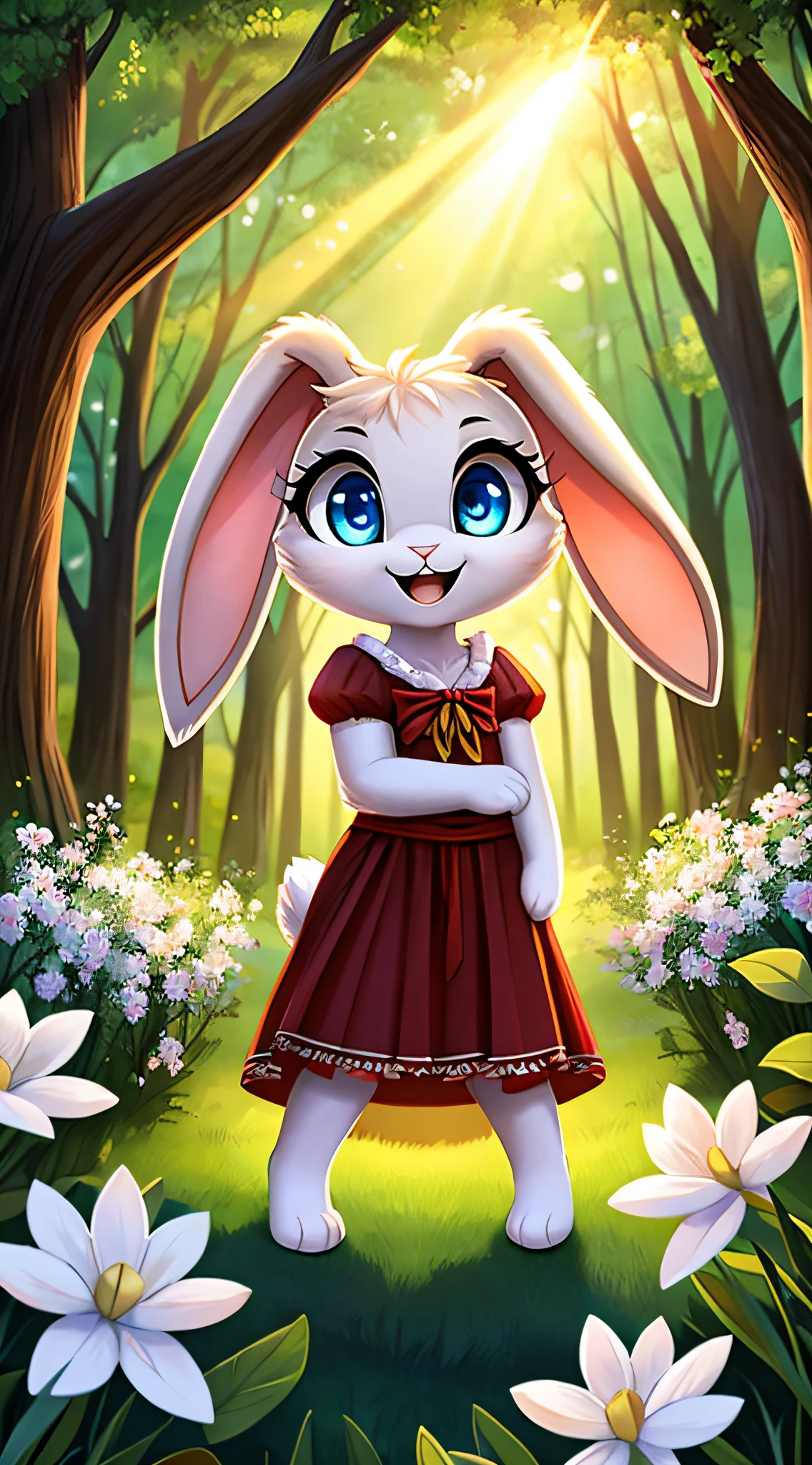 zoomed out image, fantasy style art, cute, adorable, short character, small, tiny little fluffy female white bunny with blue eyes, 4 ears, 2 extra ears, big floppy ears, long ears, ears perked up, raised ears, long eyelashes, poofy rabbit tail, wearing a red frilly ribbon dress, smiling, standing in a forest, big expressive smile, open mouth, wide eyes, excited eyes, excited face, stunning visuals, sunlight coming through the trees, white flowers scattered in the bushes, digital illustration