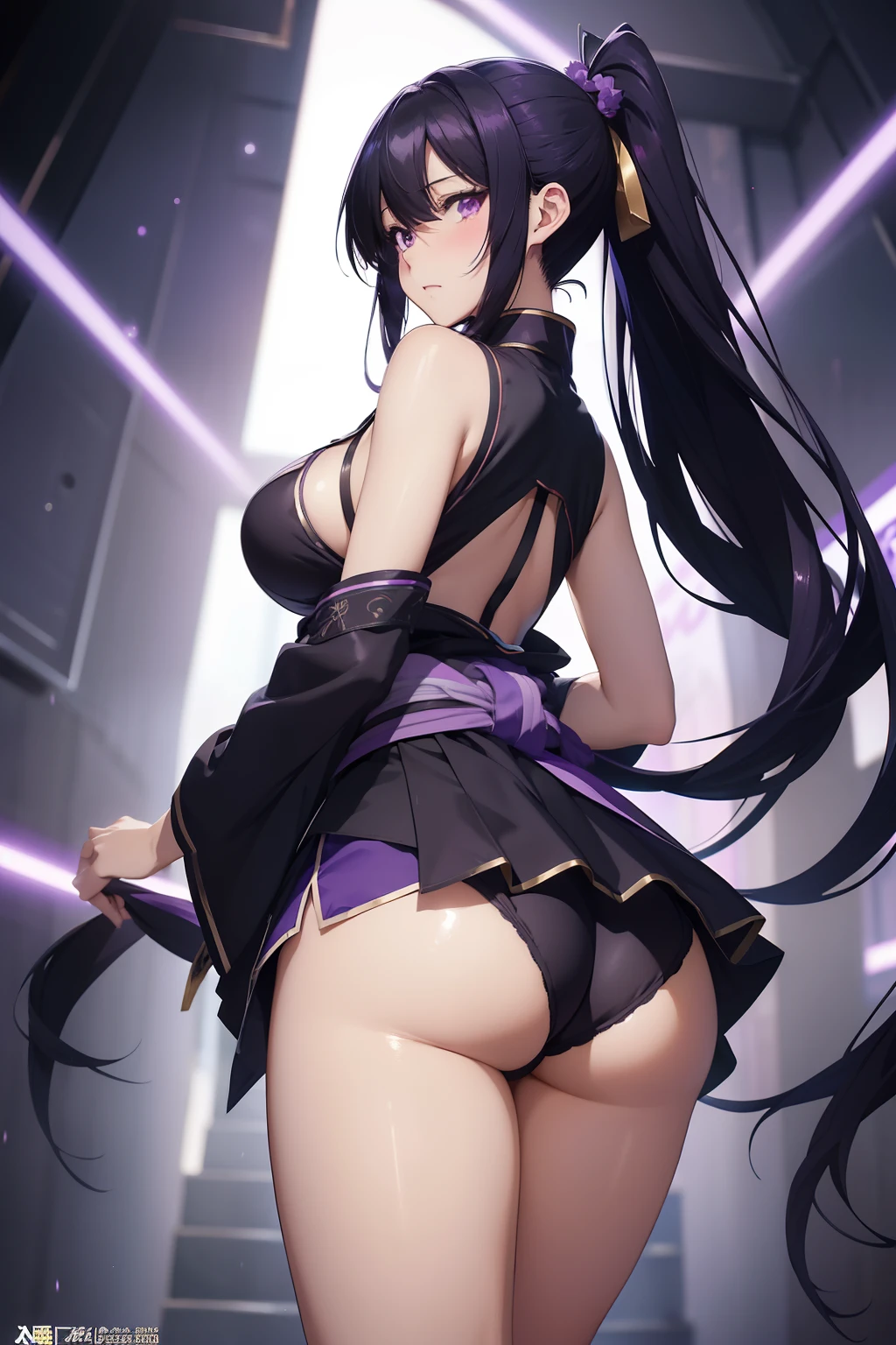(masterpiece), best quality, expressive eyes, perfect face, perfect hands, large cleavage, long round legs, round ass, (from behind), ((Akeno Himejima)), (very long black hair and violet eyes), (her hair is usually tied in a very long ponytail), (anime girl with big breasts posing in a form-fitting light lavender, sleeveless kimono-style blouse with vertical lines, tied with a dark purple obi around her waist and short dark navy shorts), seductive anime girl, ayaka genshin impact, extremely detailed artgerm, from girls frontline, range murata and artgerm, full body xianxia, style artgerm, beautiful alluring anime woman, thicc, guweiz on artstation pixiv