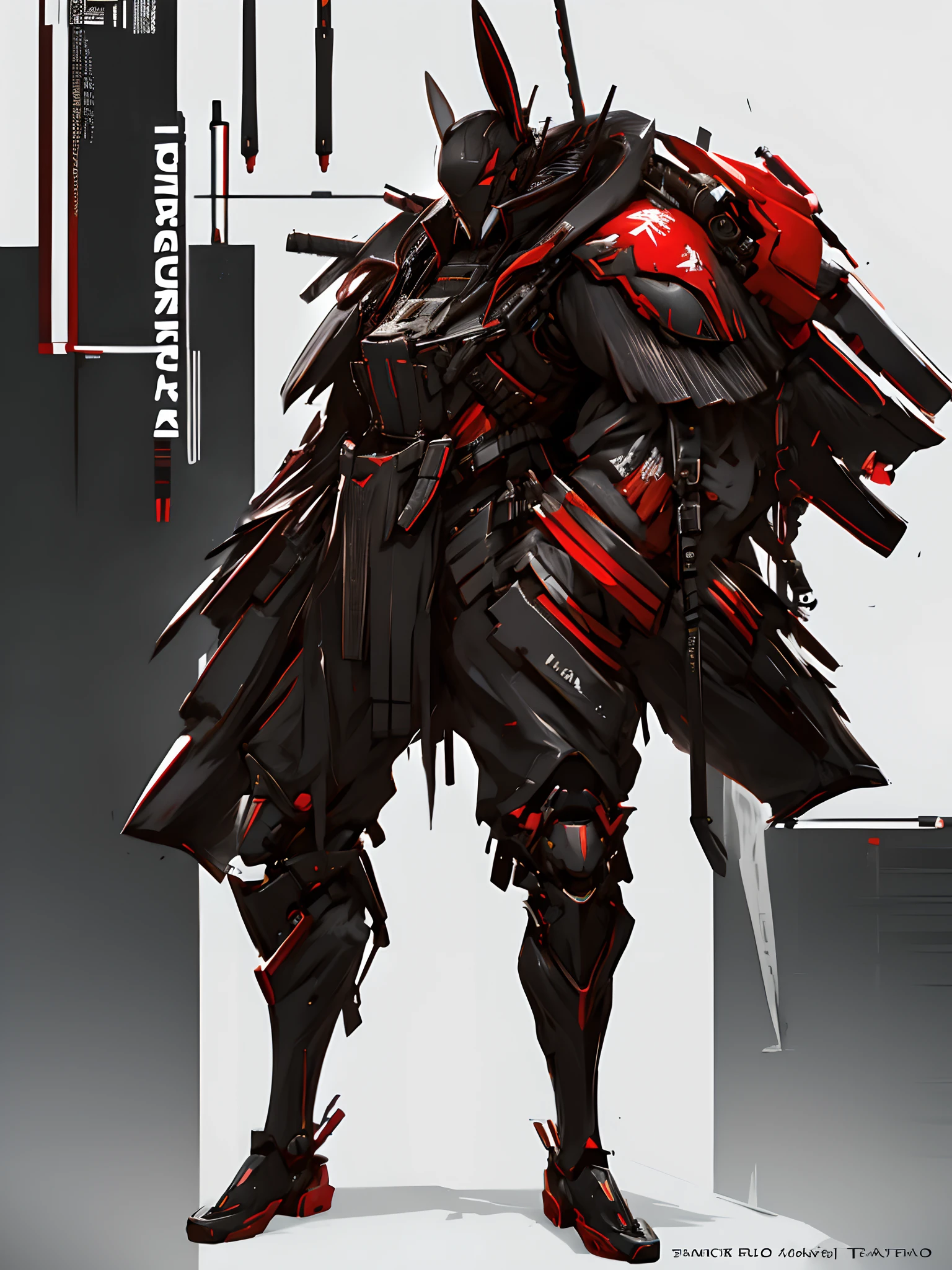 Dark fantasy full body a realistic rabbit samurai with high-resolution red, grey and black, rabbit head, tactical suit, mech details, techwear