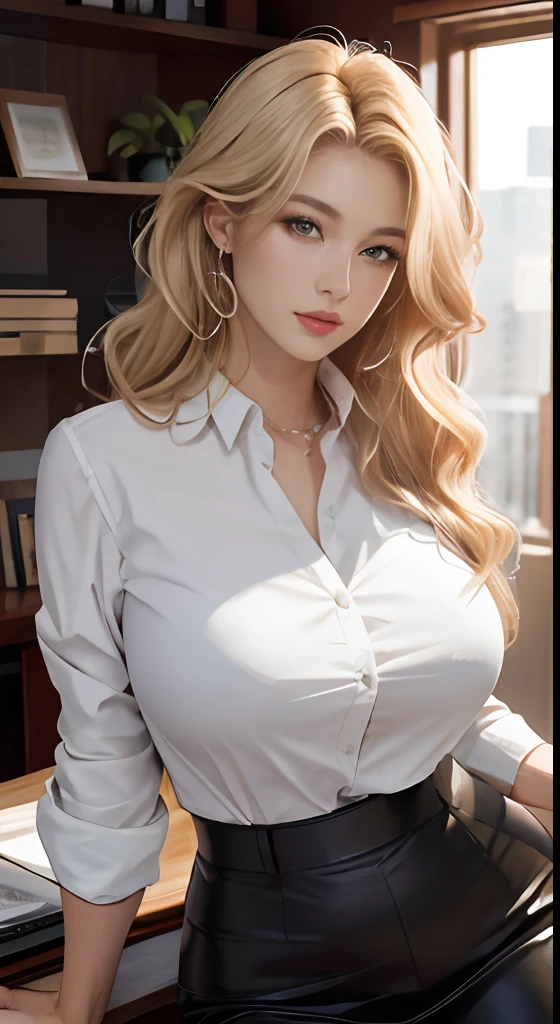 masterpiece, best quality, finely detailed, 1girl, (blonde), (bishoujo), cute, (green eyes), (eyelashes), (huge breasts), (cleavage), (white shirt:1.2), (open shirt), sitting on a sofa, lamp, window, night, delicate interior design,