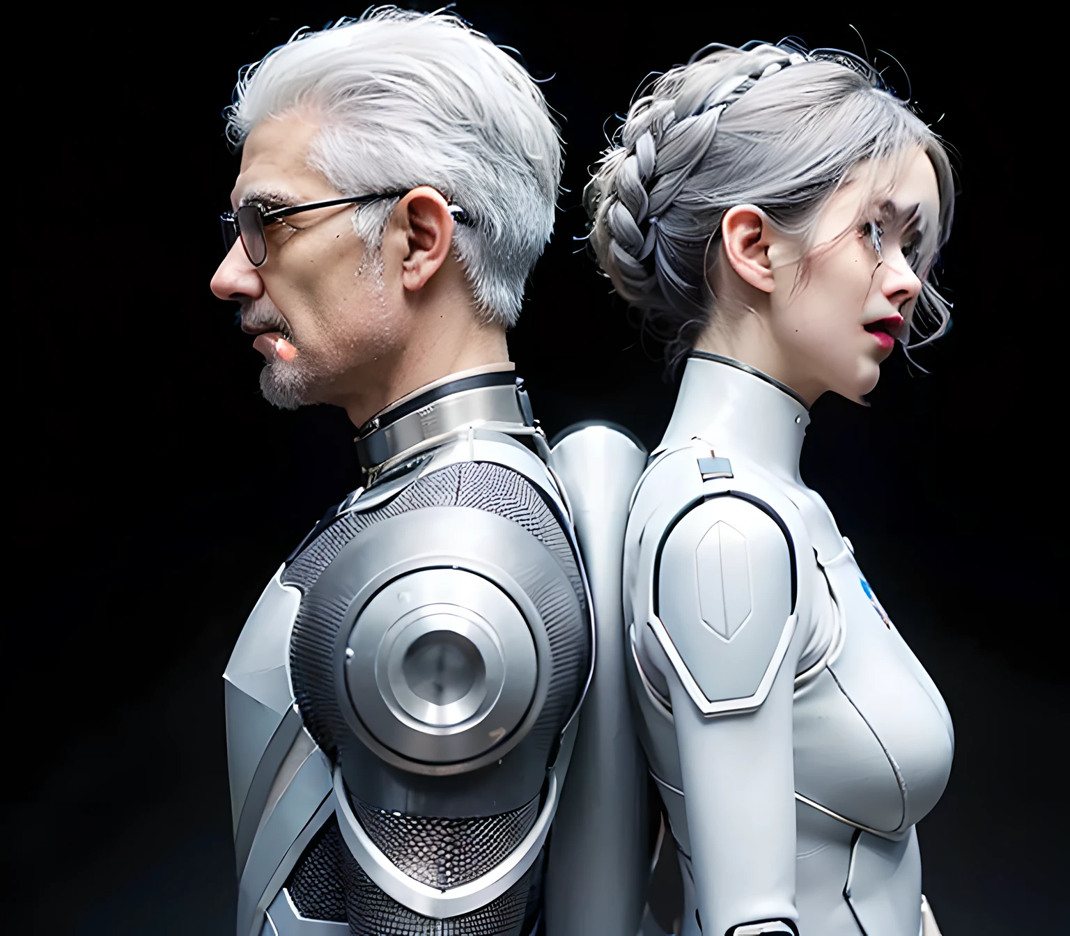 old man with grey hair and young woman are standing back to back, with futuristic wearable gadgets, futuristic clothes, cybernetic clothes, photorealism, 4k, intricate design, hyper realistic, high definition, extremely detailed, dark softbox image, raytracing, cinematic, HDR, photorealistic