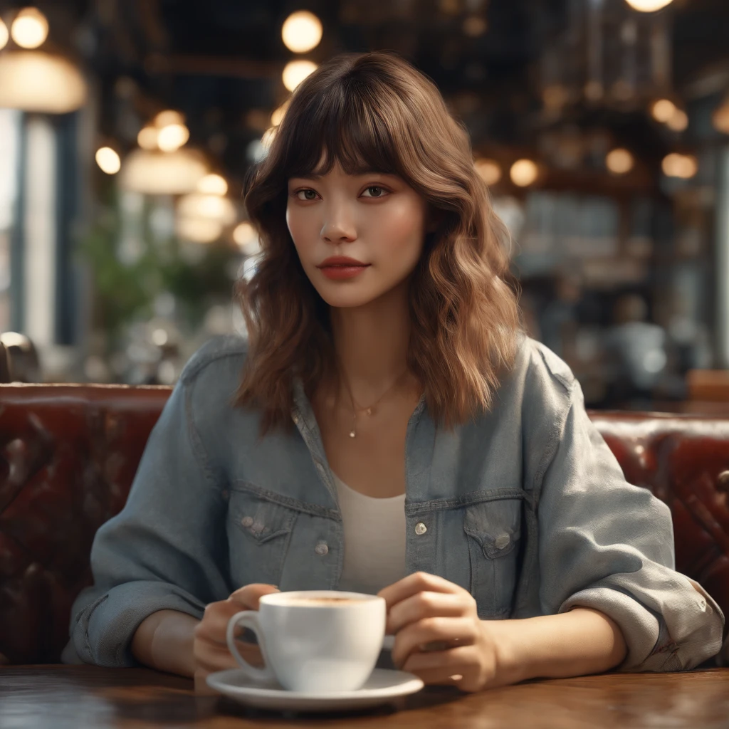 (best quality ),(masterpiece),(ultra detailed), ultra high res, (super fine illustration),Casual breakfast style, jeans and t-shirt. Smiling while holding a coffee cup and reading a newspaper at a table in a cafe. A pose that expresses the calm morning atmosphere and cafe culture. , (concept art by Carne Griffiths ) ,stunningly noble, stunningly beautiful ,absurdres,3d render, octane render, approaching perfection , highly detailed clothes ,intricately detailed ,8 life size ,thicc body ,perfect anatomy ,well groomed face ,highly detailed beautiful hair , highly detailed hairstyle, symmetrical and balanced, beautiful gradient , sharp focus, 4k resolution, golden ratio, Centered image, Beautiful Composition, symmetrical and balanced,nana komatsu.