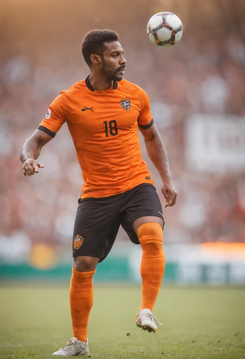 Jogador de futebol em uniforme na cor cinza e laranja chutando uma bola de futebol, chuteira preta e amarela e luvas cinza e amarelas, fotografia de esporte, tiro perfeito, very artistic pose, fotografia esportiva, futebol, Ultra sharp focus, tiro realista