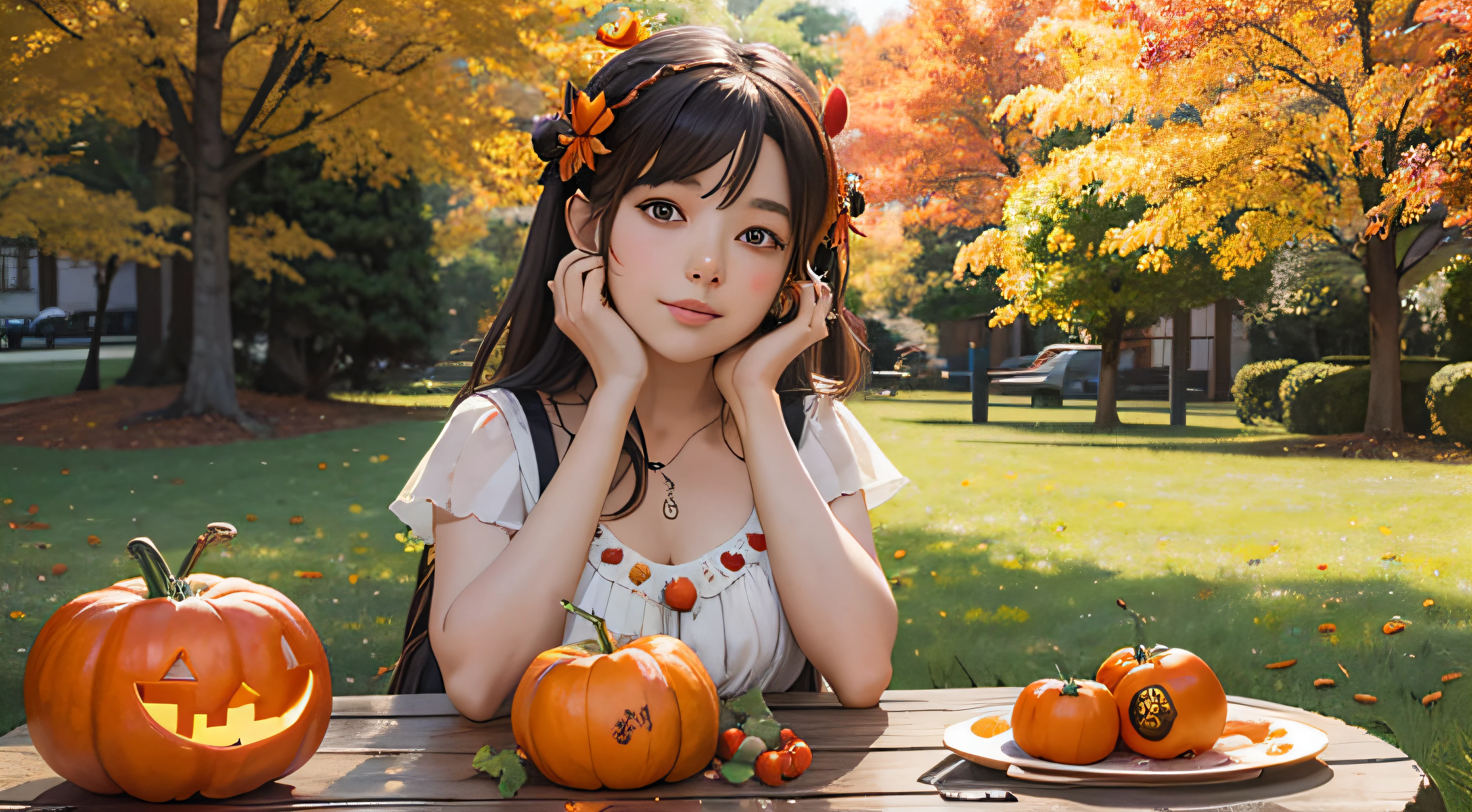 anime girl with pumpkins and tomatoes on a table in the park, the goddess of the autumn harvest, 🍁 cute, ❤🔥🍄🌪, , 🍂 cute, goddess of autumn, anime food, kawai, official art, seasons!! : 🌸 ☀ 🍂 ❄, high-quality anime art style, sakimichan, realistic anime 3 d style, official artwork