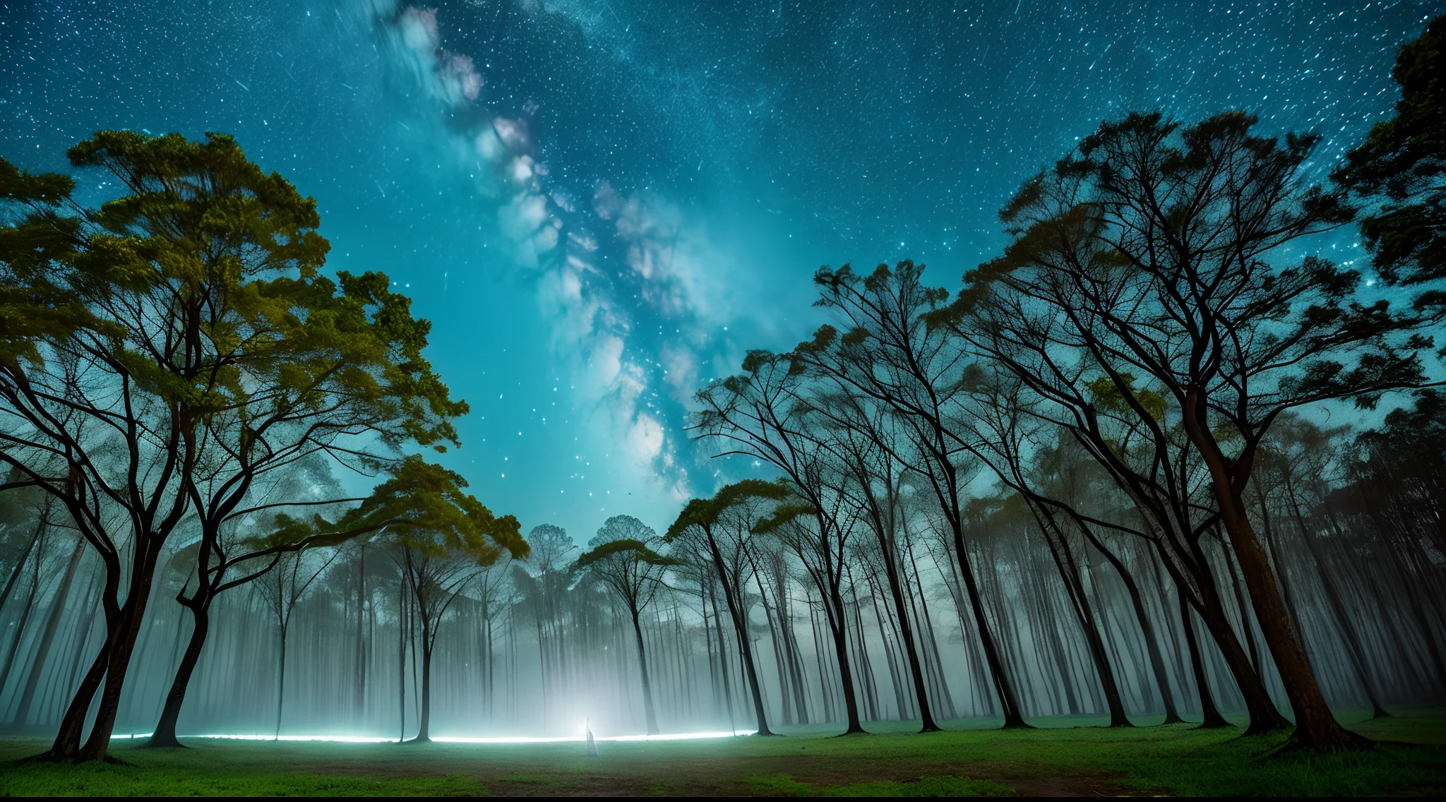 Imagine uma serena clareira de floresta iluminada pela lua, where a loner, carvalho antigo ergue-se alto, its twisted branches extend until they touch the starry night sky. Fireflies dance around the tree, fundindo um suave, ethereal glow, like a soft mist rolls, adding an air of mystery to this enchanting scene