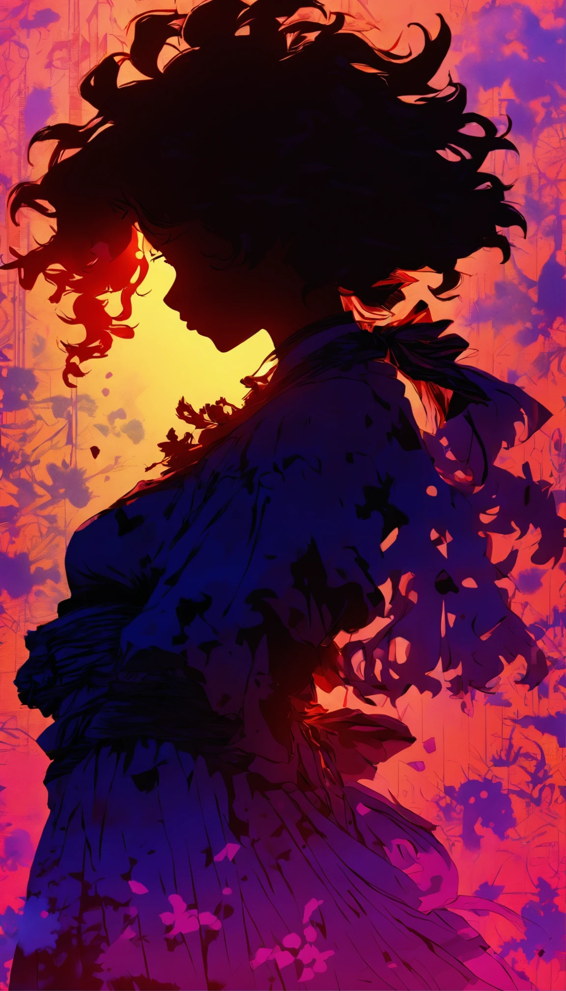 (Silhouette art,incision:1.6)
(((arte em papel cortado,A world where only black exists:1.3)
(Cowboy shot),1 girl,Solo,
(Kimono Girl,profile:1.2),White, Clear and beautiful face,Behind the sunrise,hair
break
(rosette、viola Reddish:6.1)
Textured glass background,