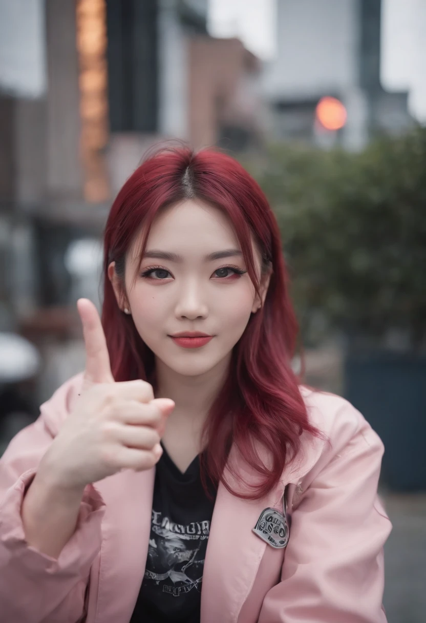 Laughing Japanese girl,pale skin,beatiful face,rose hair,showsmiddle finger,red jacket Tokyo, with Cyberpunk style,Japanese streetwear,Tokyo Fashion,Wearing a Cyberpunk 2 jacket 0 7 7